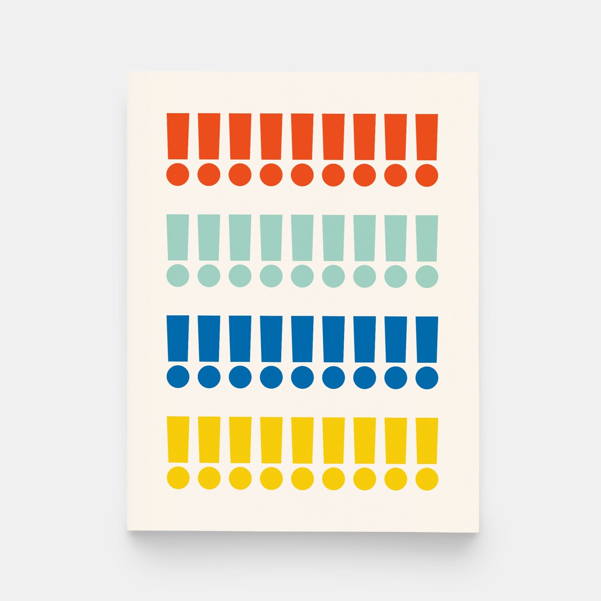 Patterned greeting card featuring rows of colorful exclamation marks in red, teal, blue, and yellow on an off-white background.