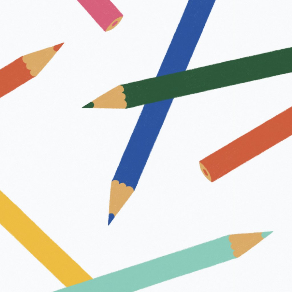 Close up on a white greeting card has colored pencil illustrations scattered.
