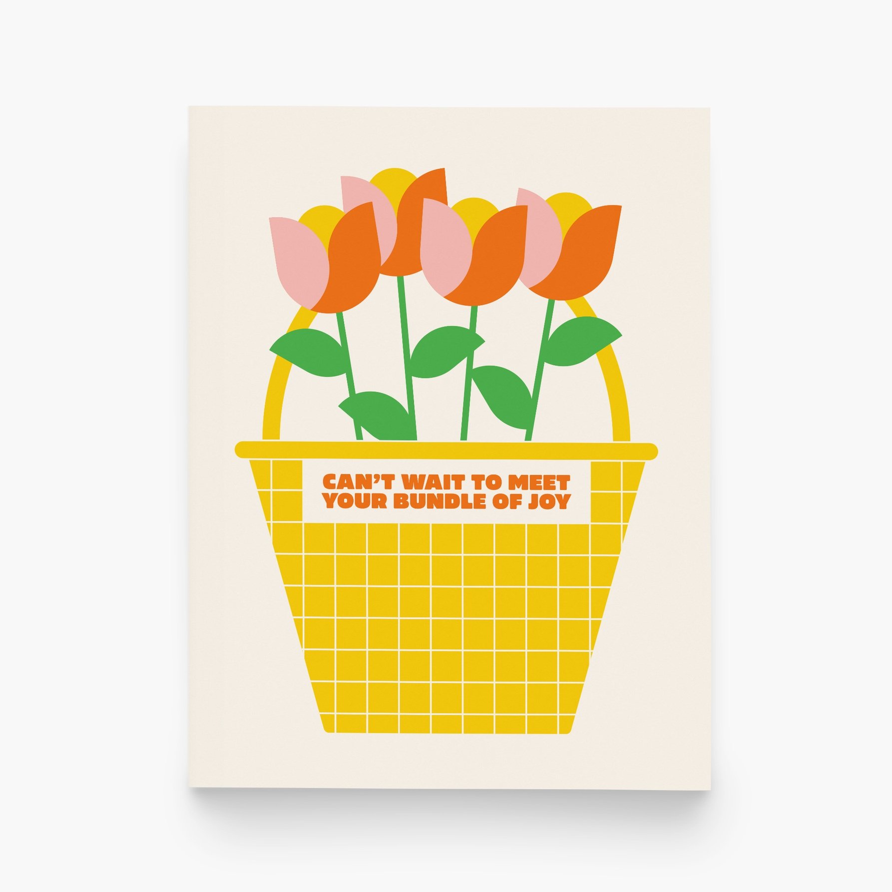 Yellow basket of tulips with 'can’t wait to meet your bundle of joy' message.