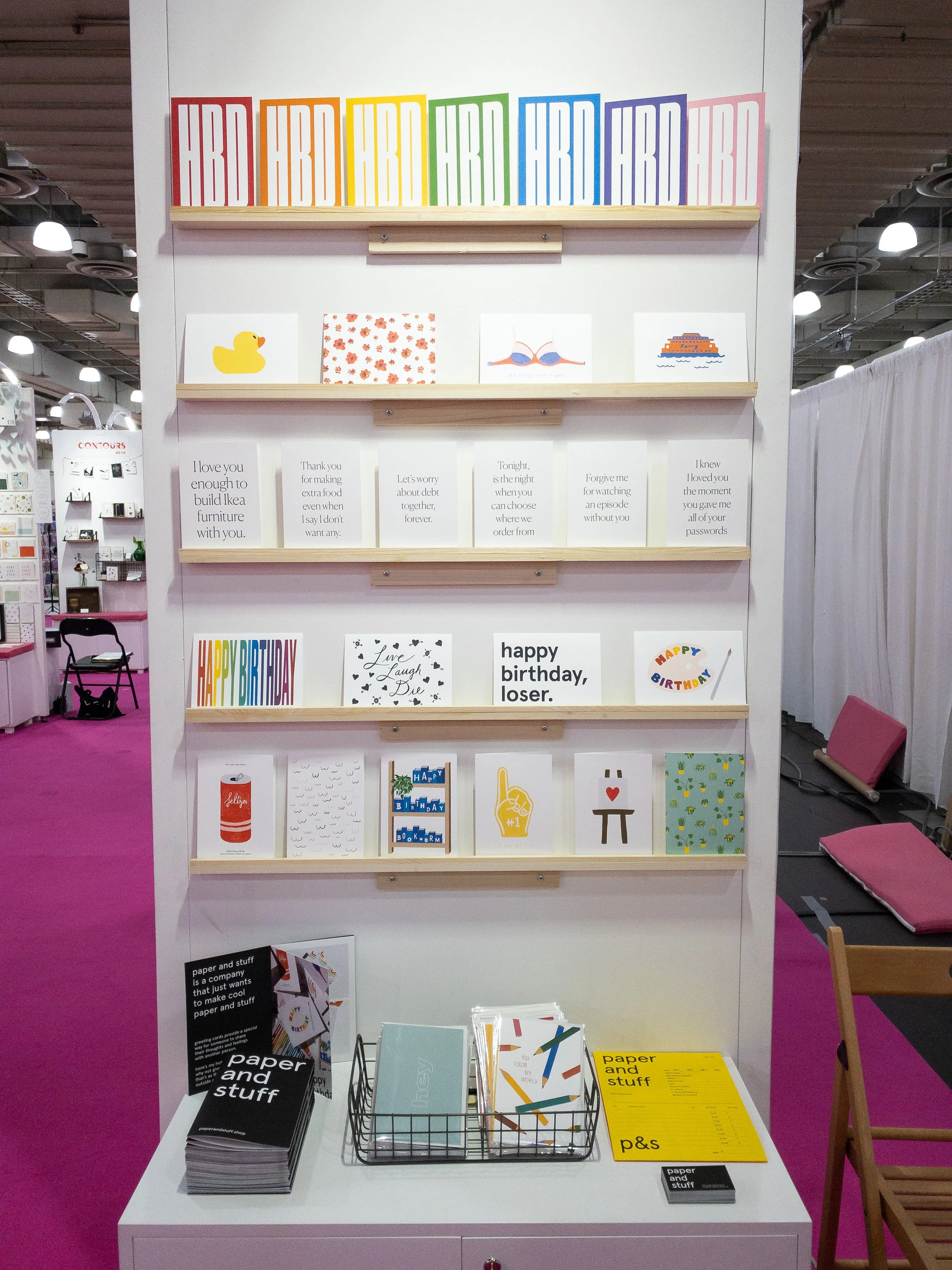 paper&stuff’s first wholesale trade show booth displaying greeting cards at NSS in 2020