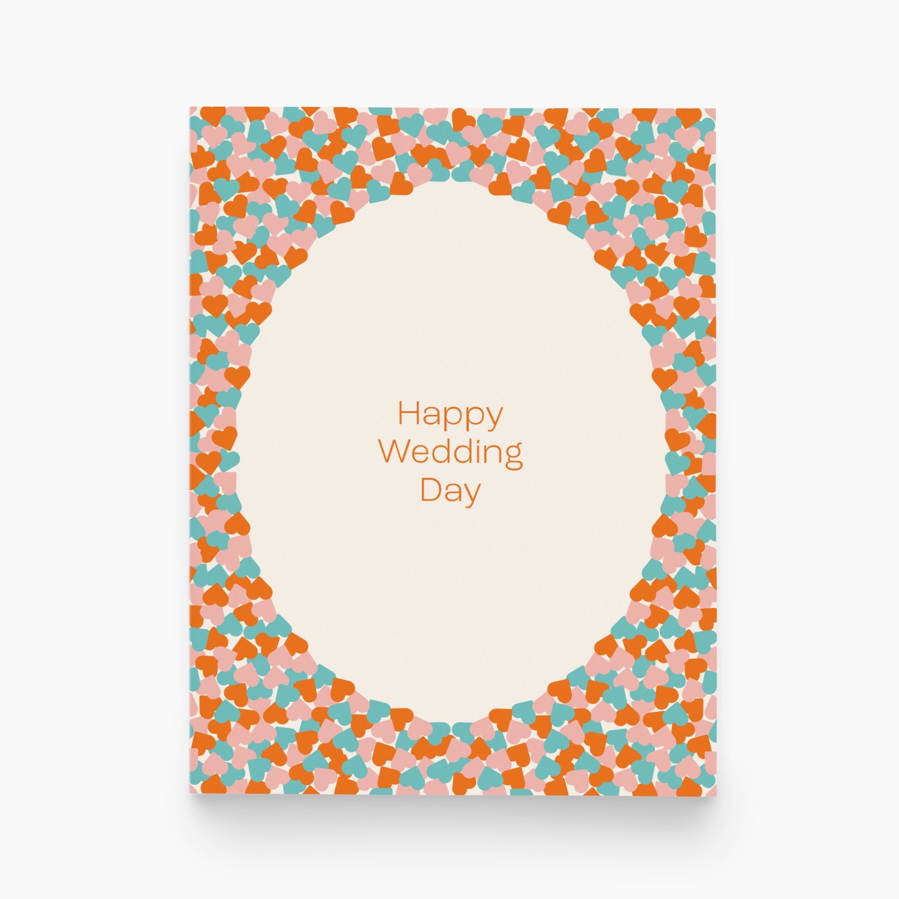 Wedding day card with a heart-patterned frame in orange and teal, saying 'Happy Wedding Day.'