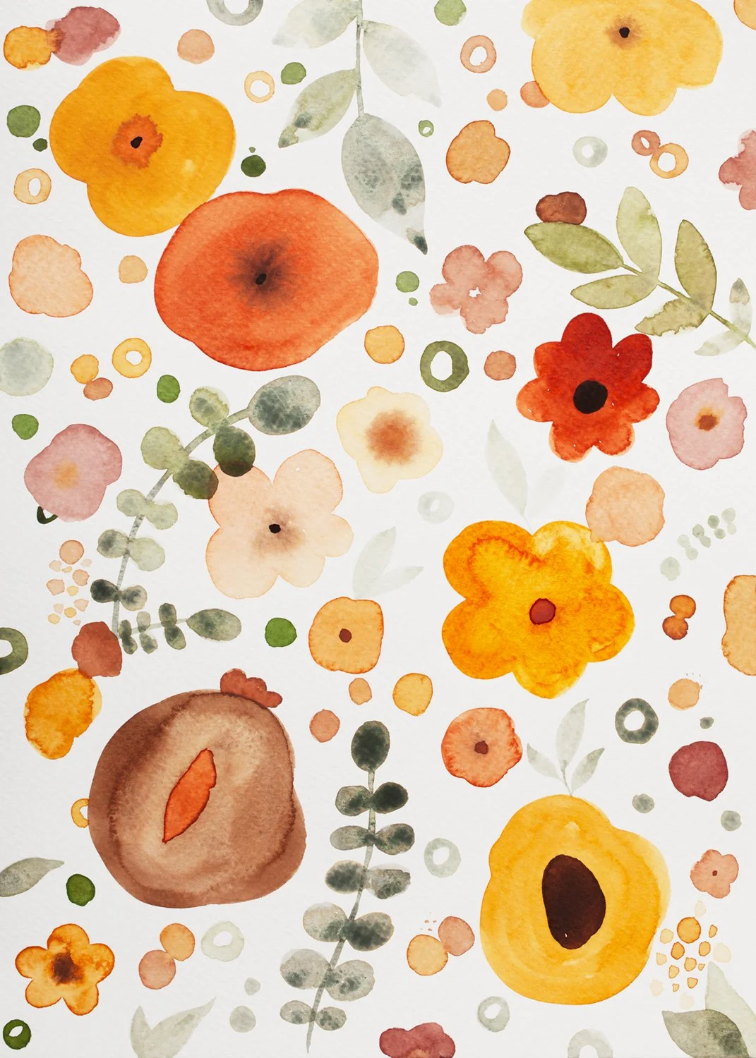 Watercolor painting of various flowers and leaves in shades of yellow, orange, pink, red, brown, and green on a white background.