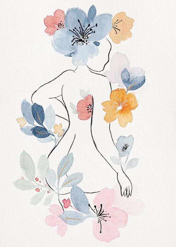 Watercolor illustration of a female figure outlined with black lines, surrounded by colorful flowers and leaves in pastel shades of pink, blue, orange, and green.