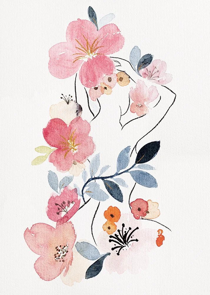 Watercolor illustration of a woman's outline intertwined with pink, orange, and beige flowers and blue and black leaves.