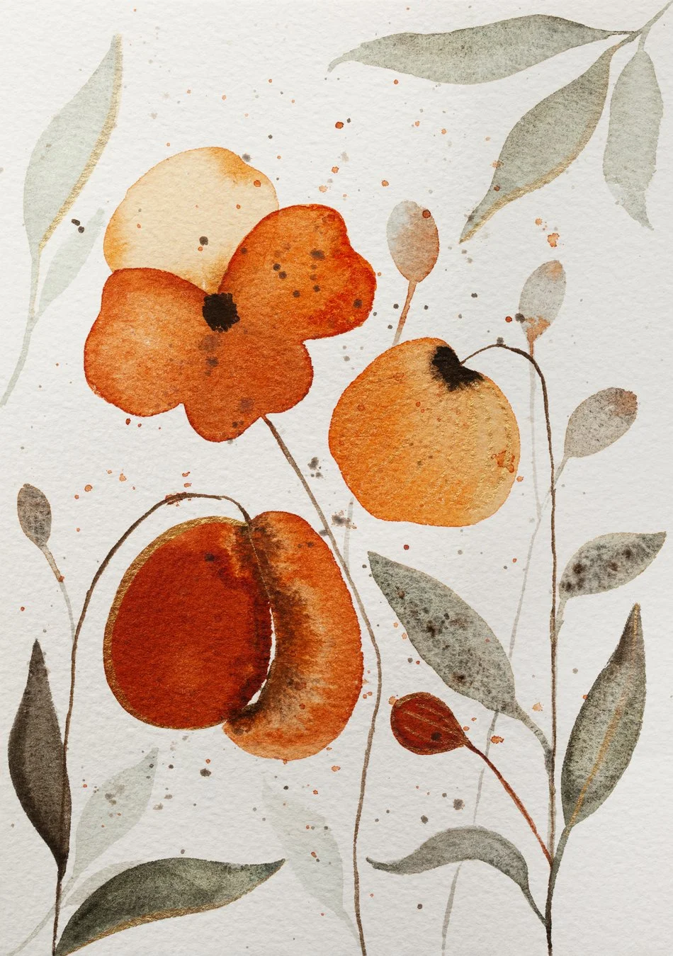Watercolor painting of orange and brown flowers with green leaves and small buds.