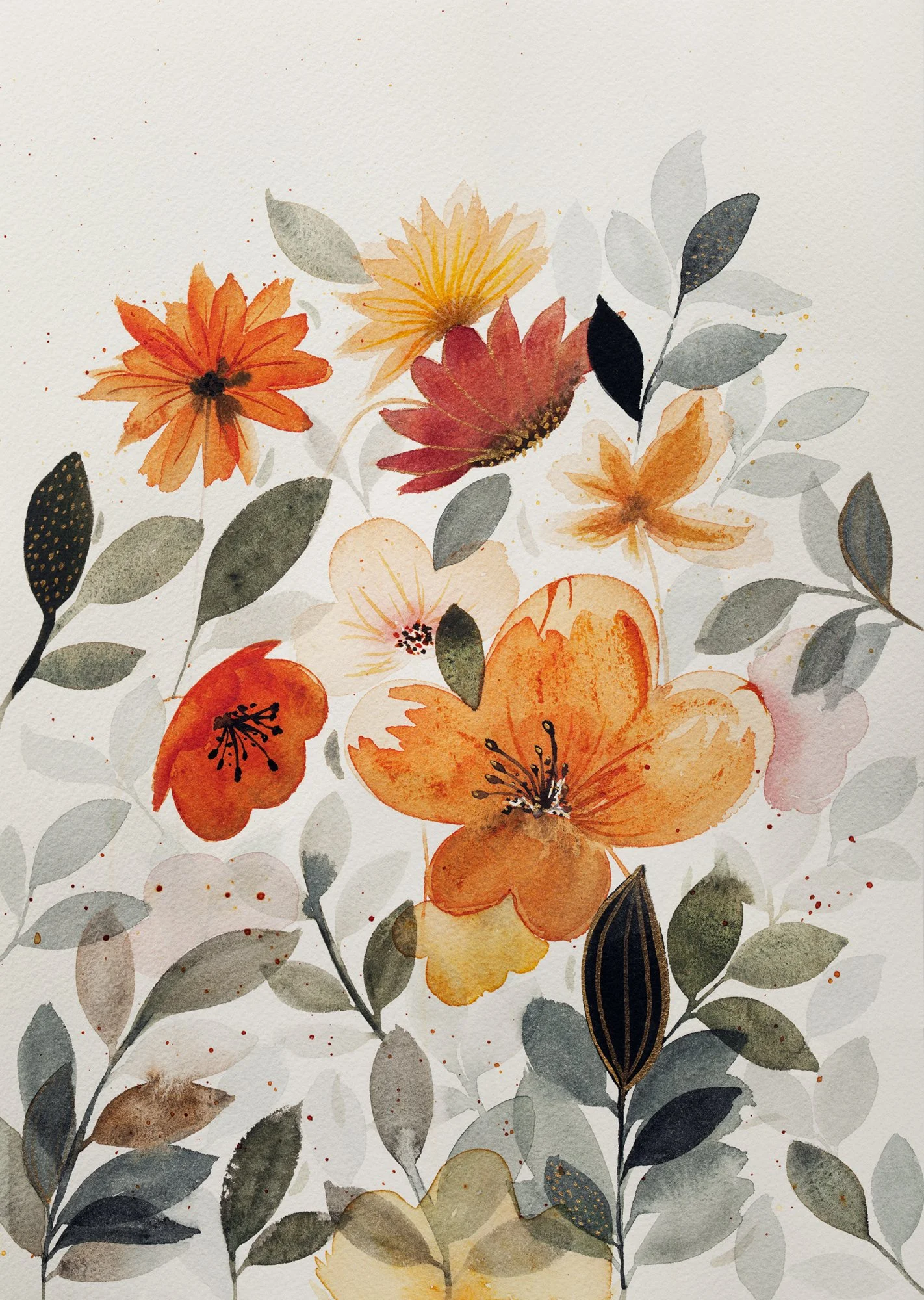 Watercolor painting of various orange, yellow, and pink flowers with gray and black leaves.