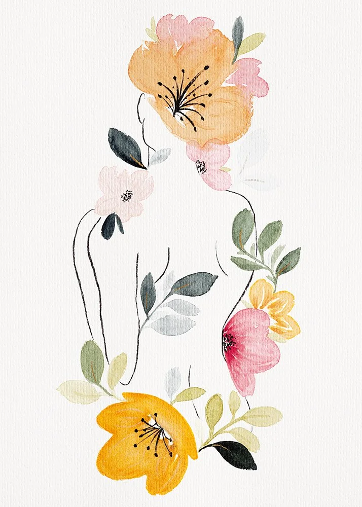 Watercolor painting of a woman's outline with flowers covering her face and body, featuring orange, pink, yellow, and black flowers and leaves.