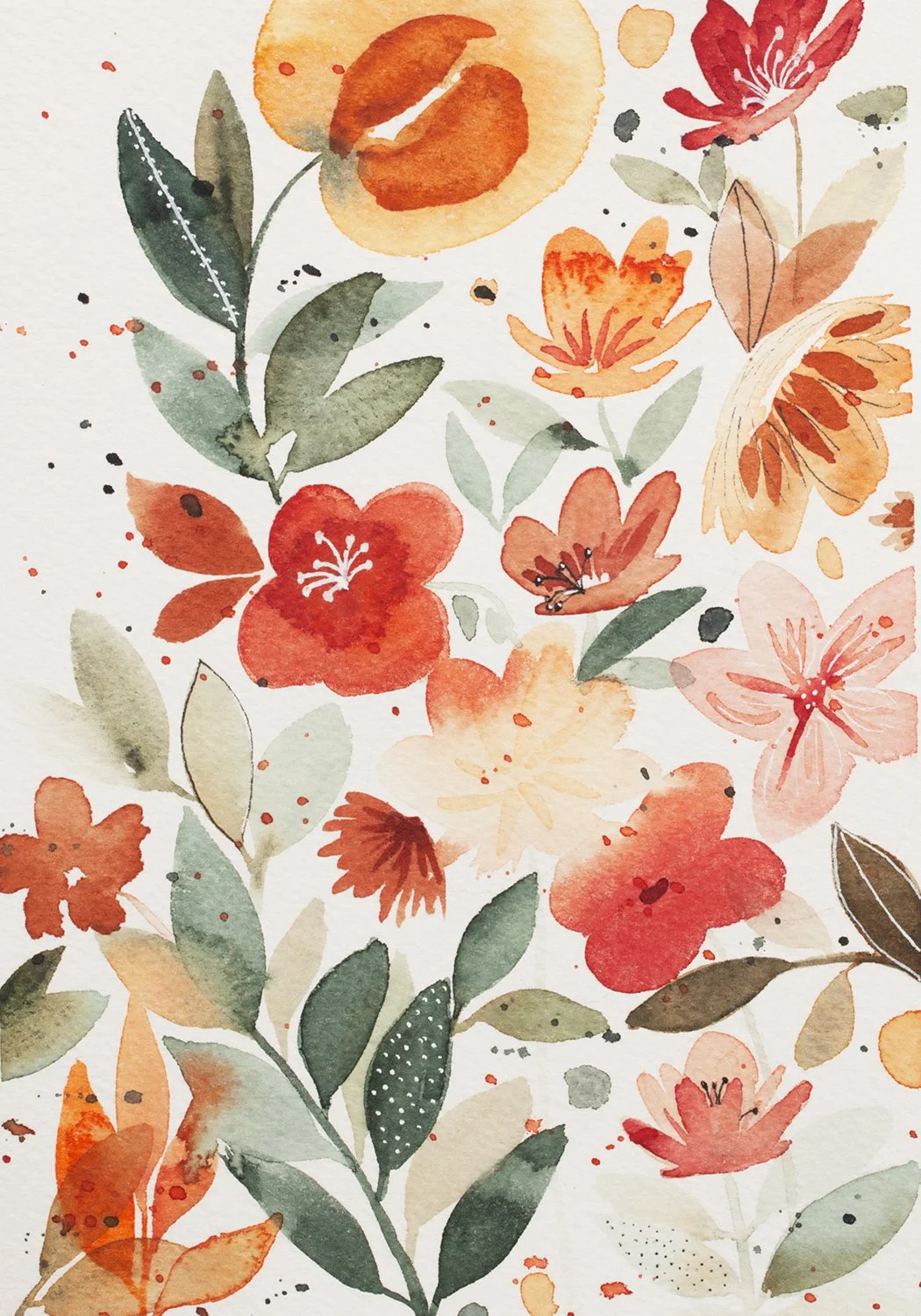 Watercolor painting of various flowers and leaves in shades of orange, red, pink, green, and beige, with scattered paint splashes on a white background.