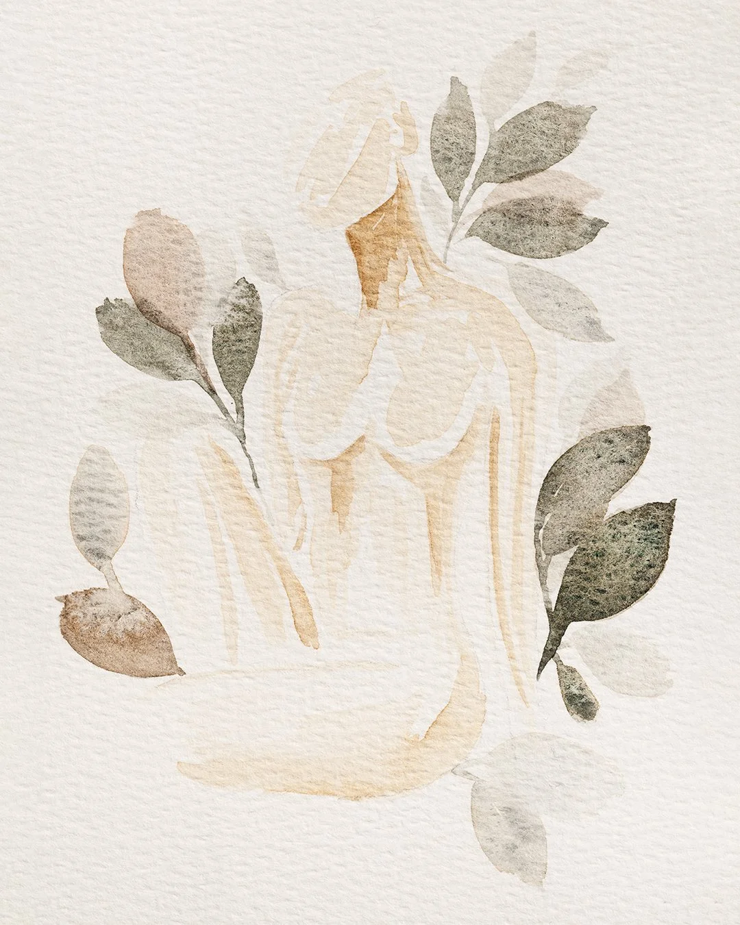 Watercolor painting of a woman with long hair surrounded by leaves.