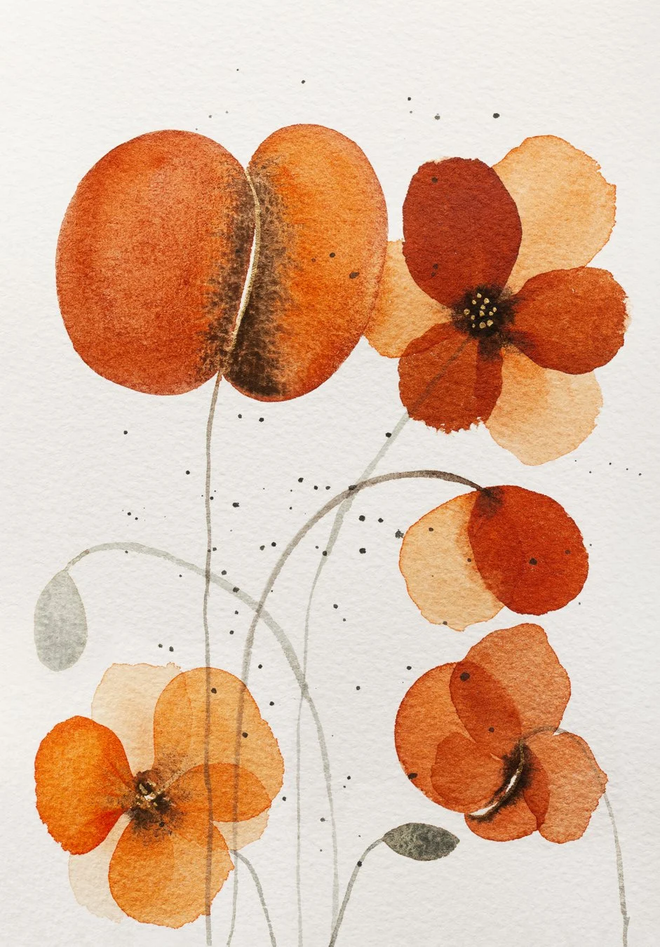 Watercolor painting of orange and red flowers with delicate stems and leaves on a white background.