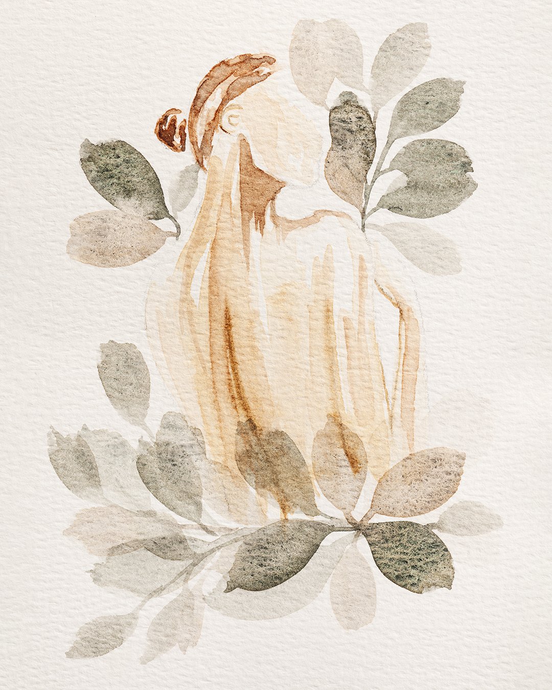 Watercolor painting of a woman with long hair, surrounded by leaves.