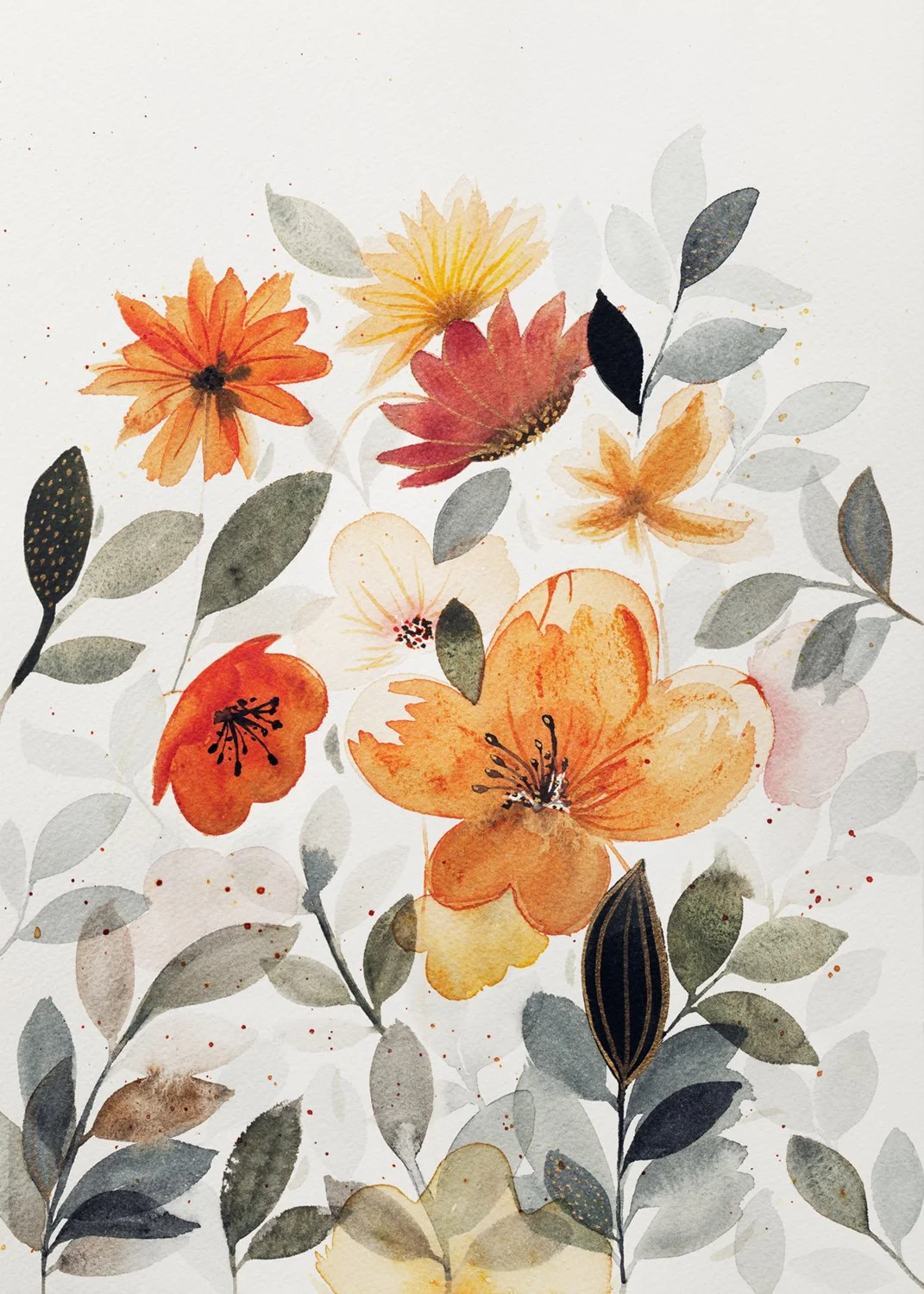 Watercolor painting of orange, yellow, red, and pink flowers with gray and black leaves.
