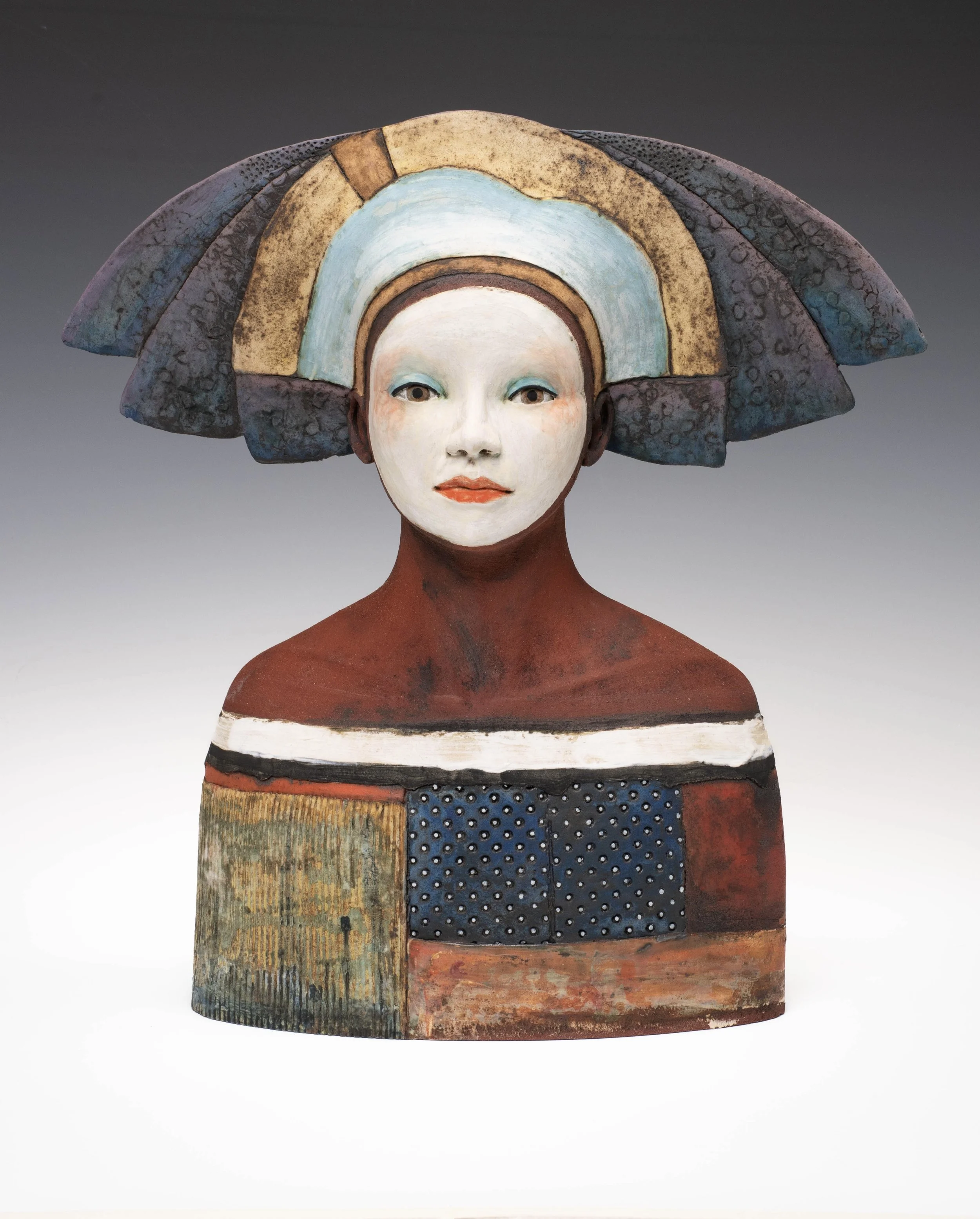 Red clay bust/ dark feather hat - Height  41.5cm