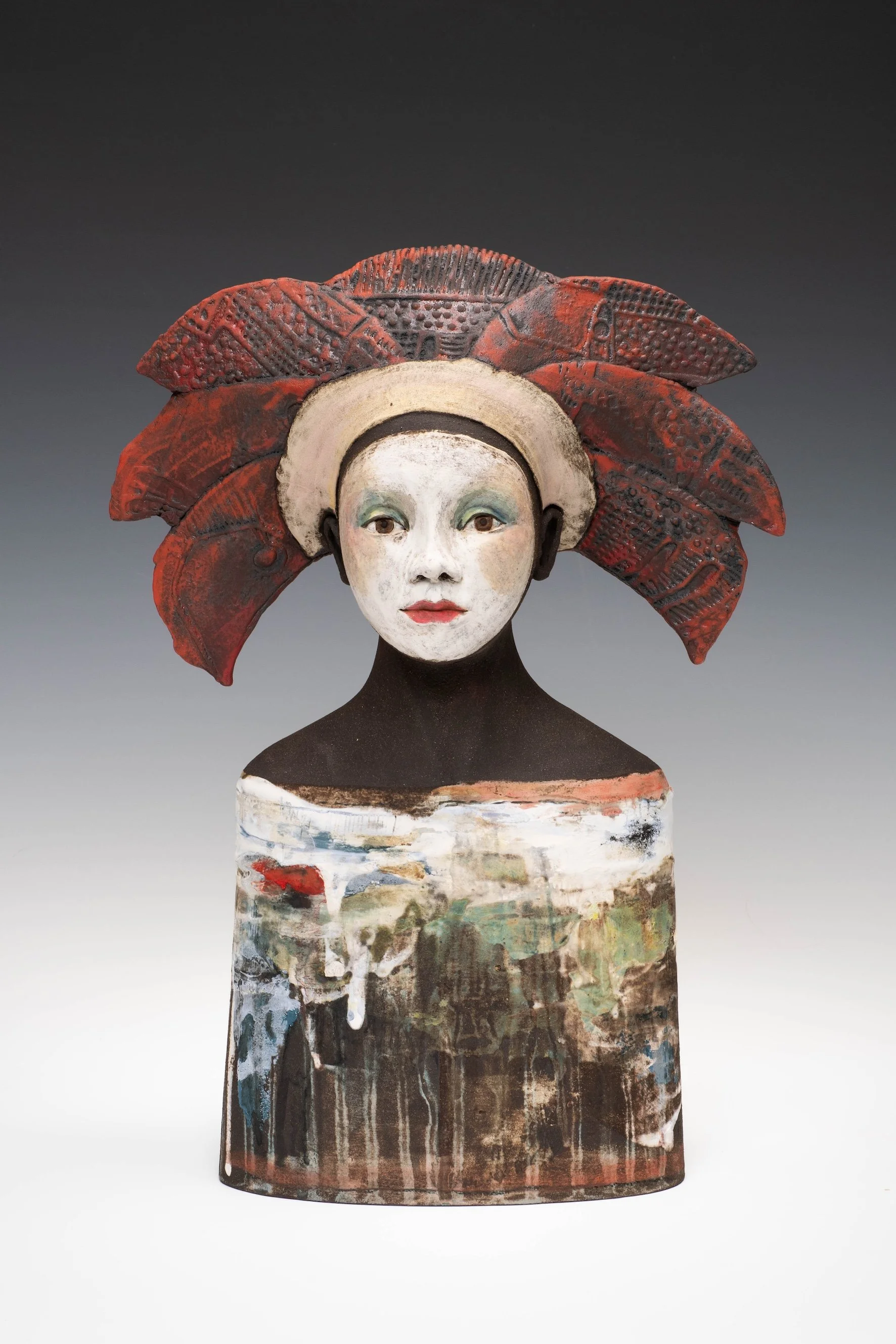Red feather/black clay bust -  Height 42cm