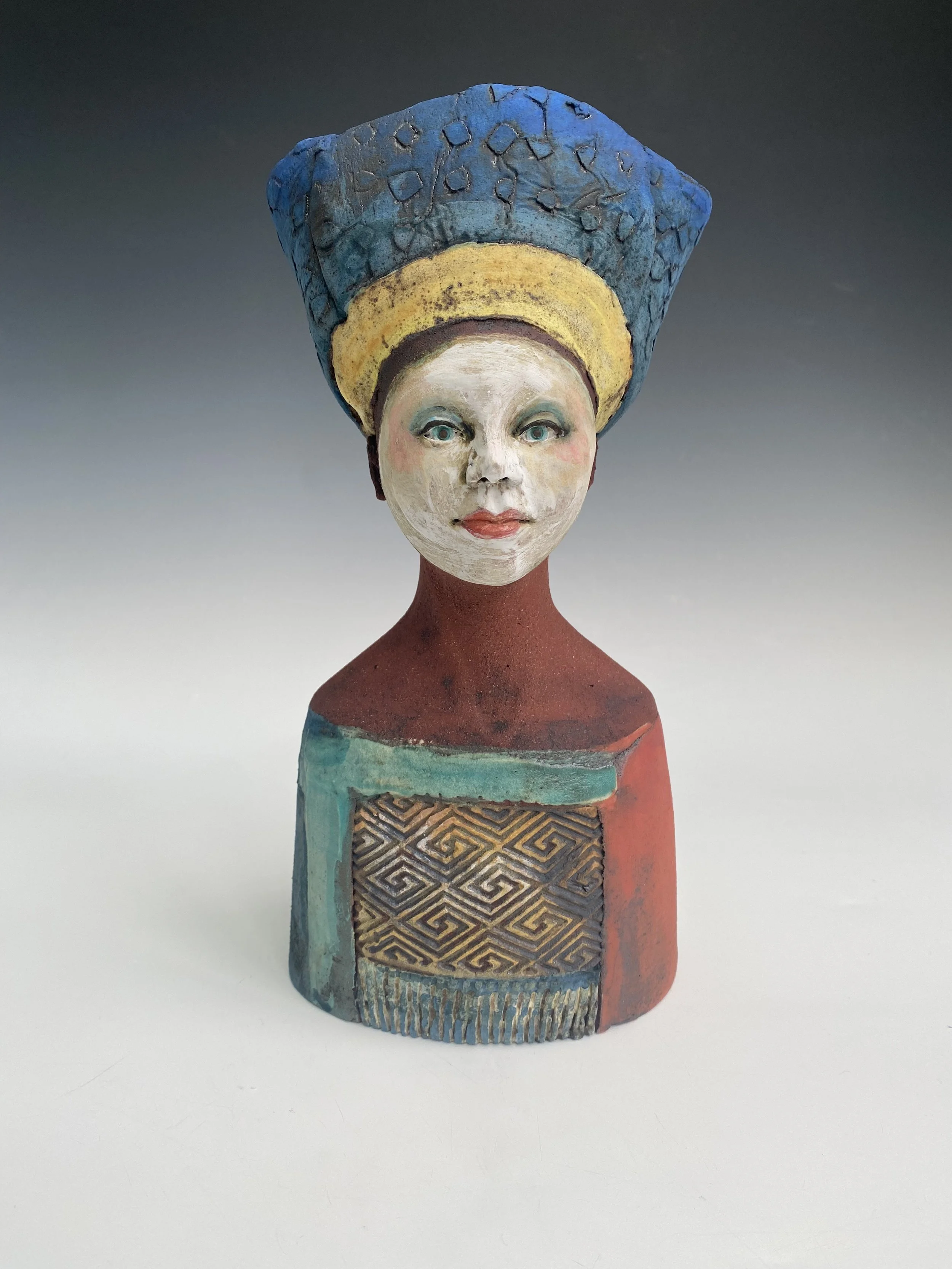 Medium red clay bust/blue hat-Height 25cm
