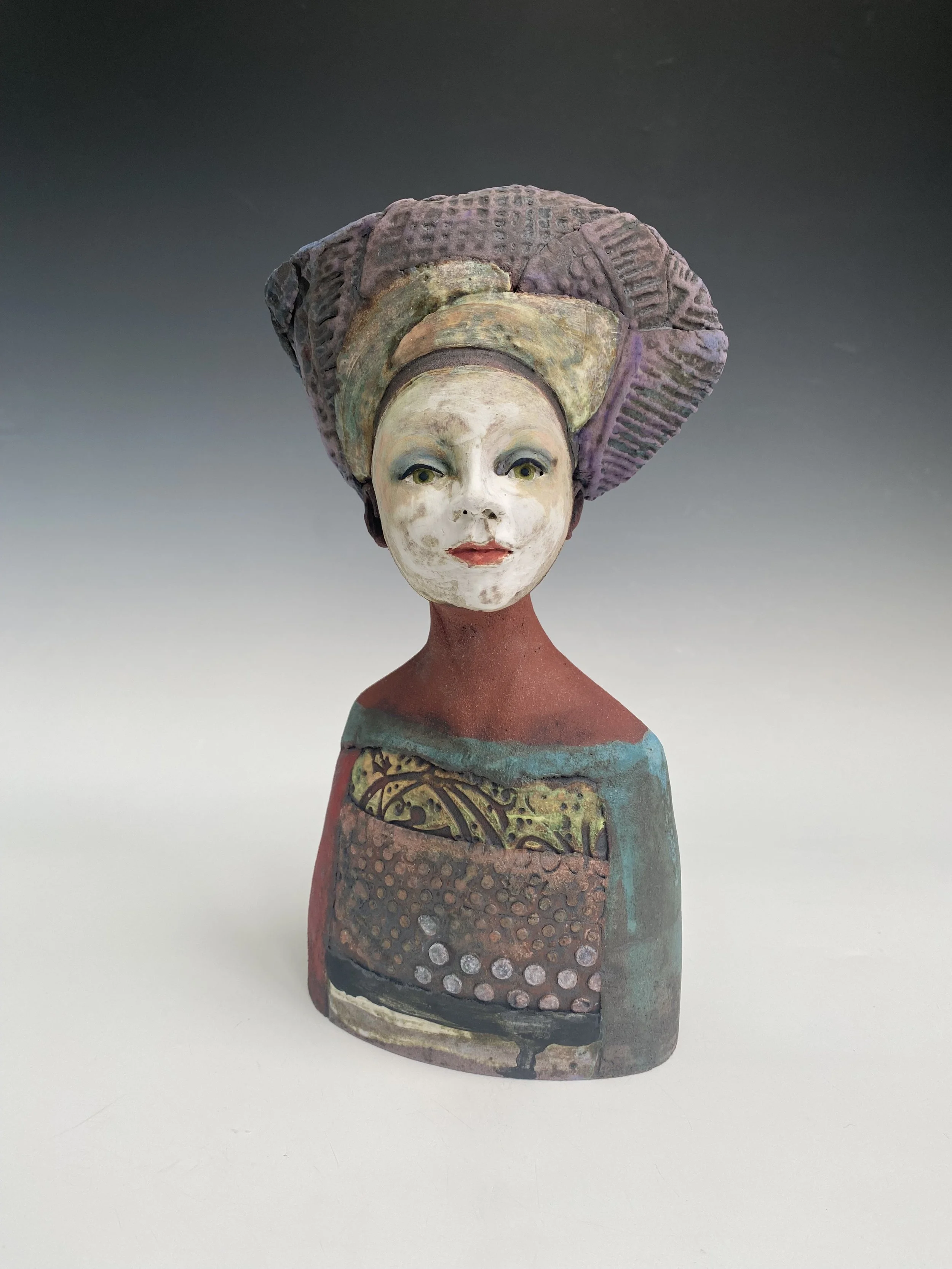Medium red clay bust/ purple hat-Height 25cm - Sold