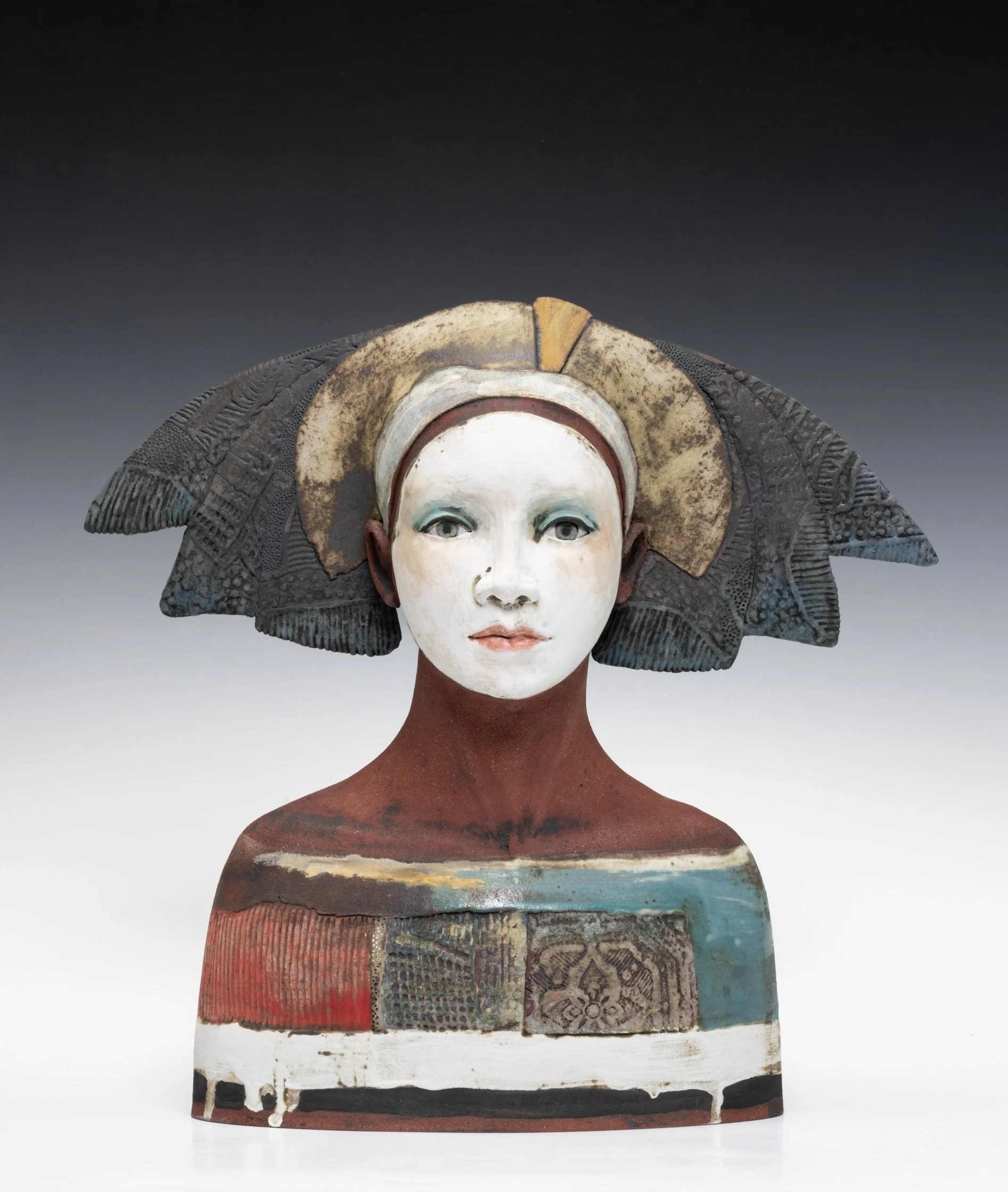 Red clay/feather hat - Height 39cm - Sold