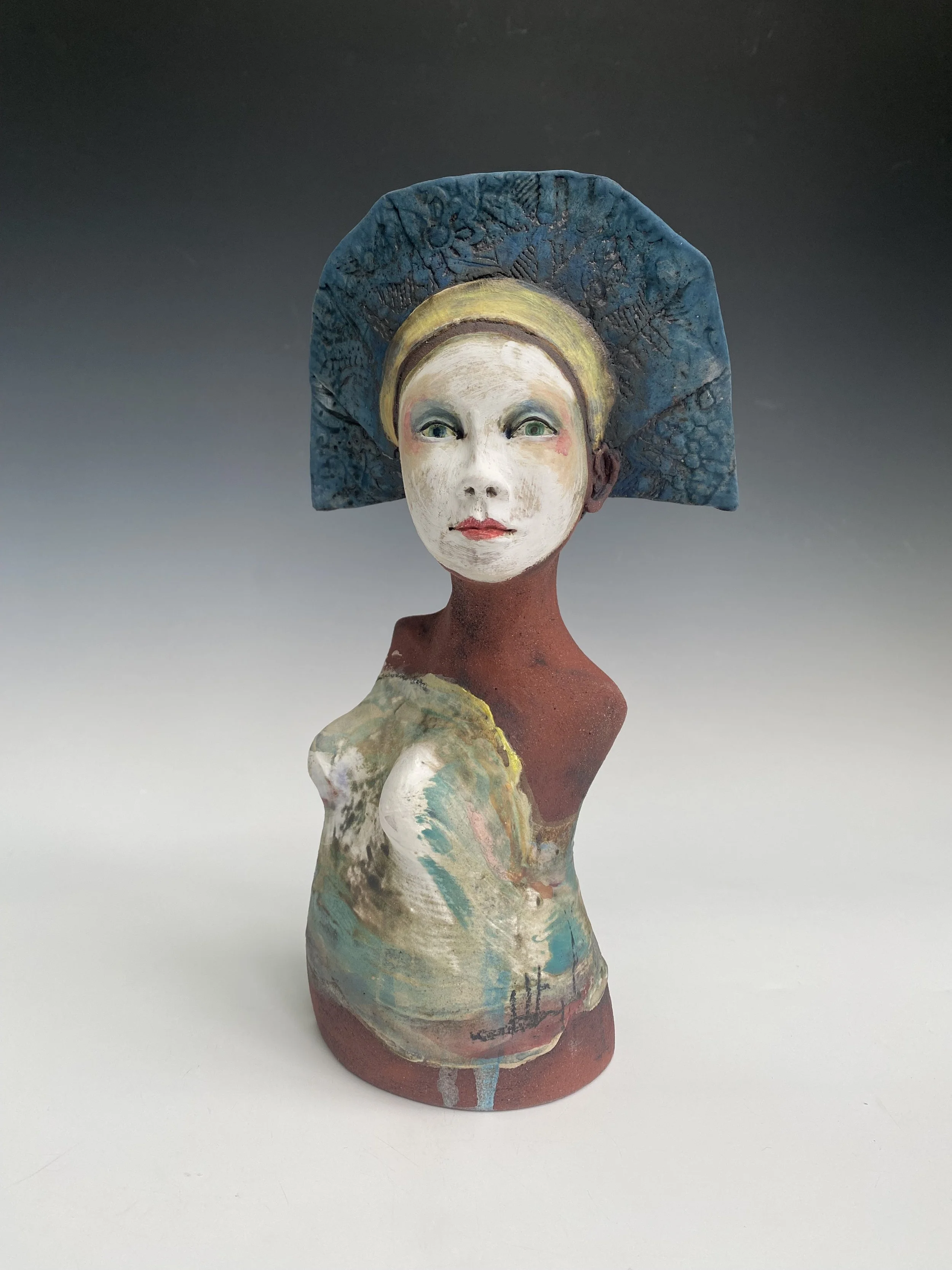 Red clay torso /blue hat - Height 27.5cm