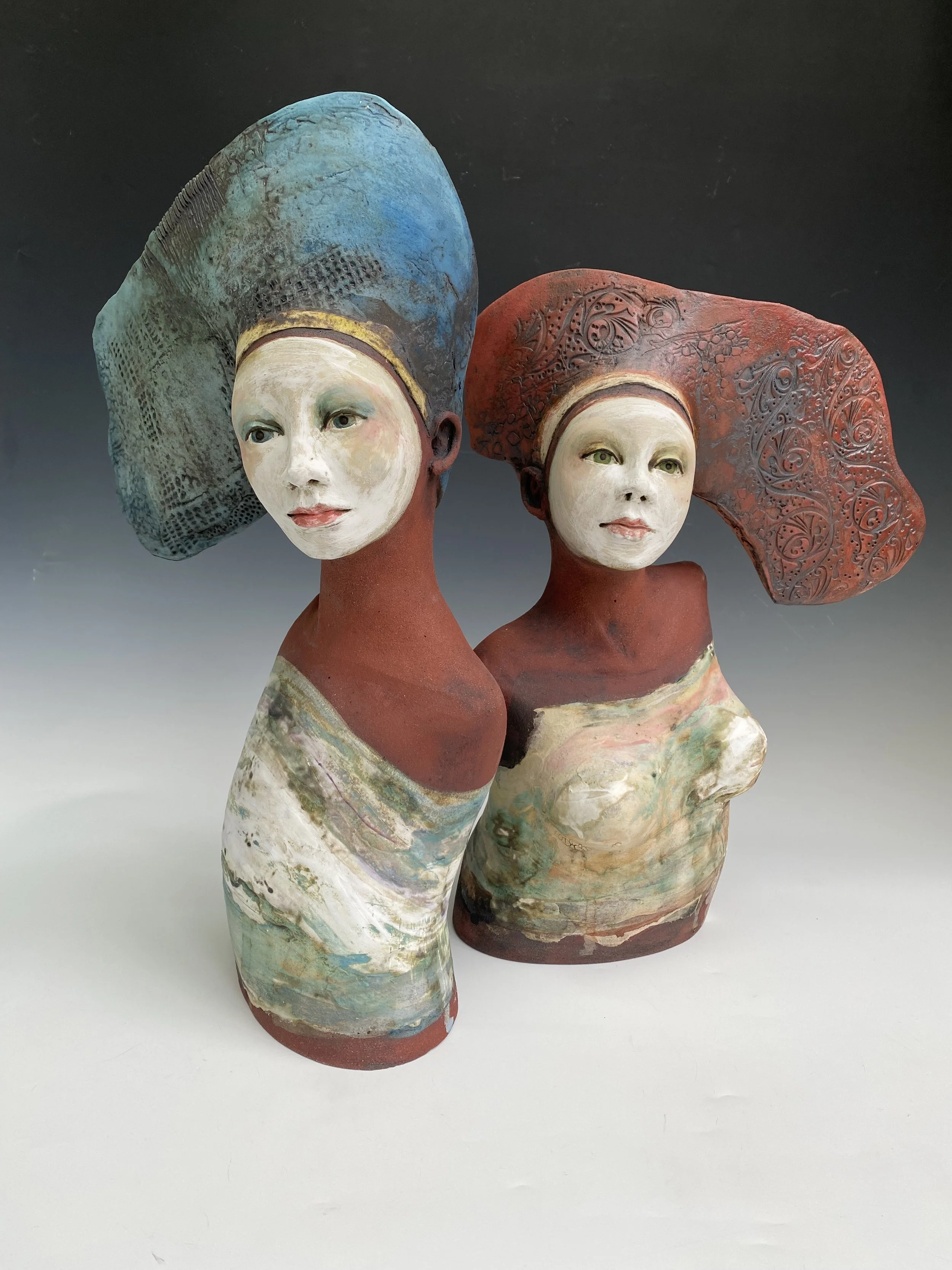 Pair red clay flag hats - Height up to 42cm - Sold