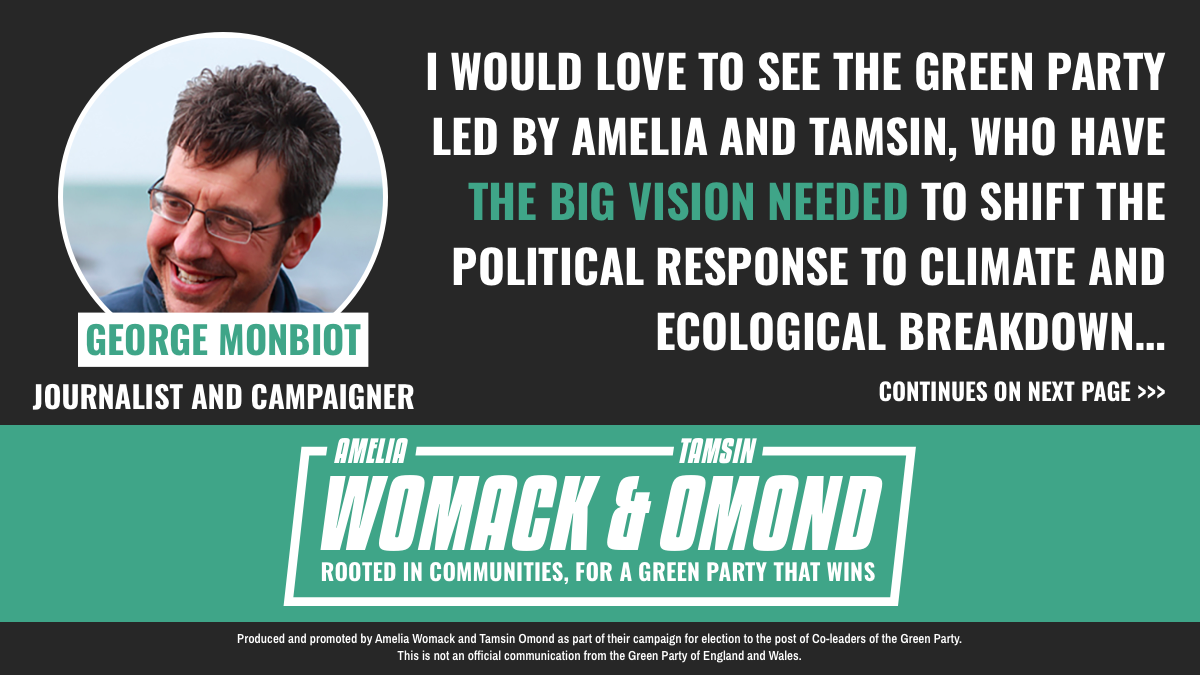 Image of George Monbiot, Journalist and Campaigner  Image in text reads:  I would love to see the Green Party led by Amelia and Tamsin, who have the big vision needed to shift the political response to climate and ecological breakdown. Please rememb…