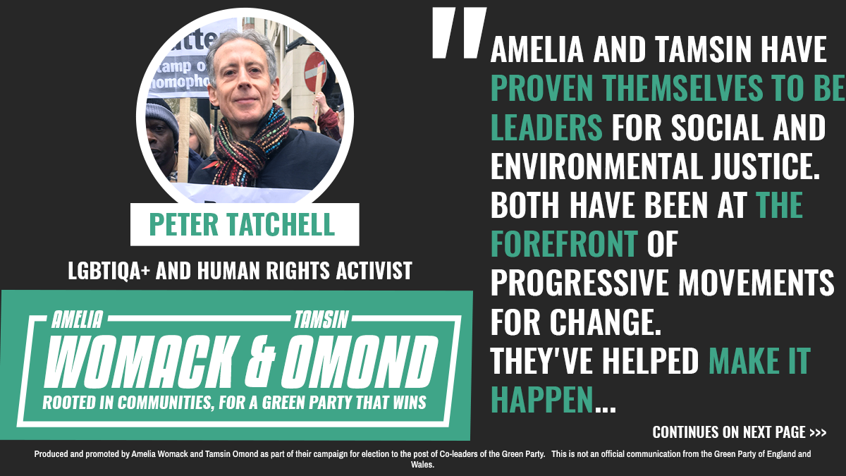 Image of Peter Tatchell, LGBTIQA+ and Human Rights Activist.  Image in text reads:  Amelia and Tamsin have proven themselves to be leaders for environmental and social justice. Both have been at the forefront of progressive movements for change. The…