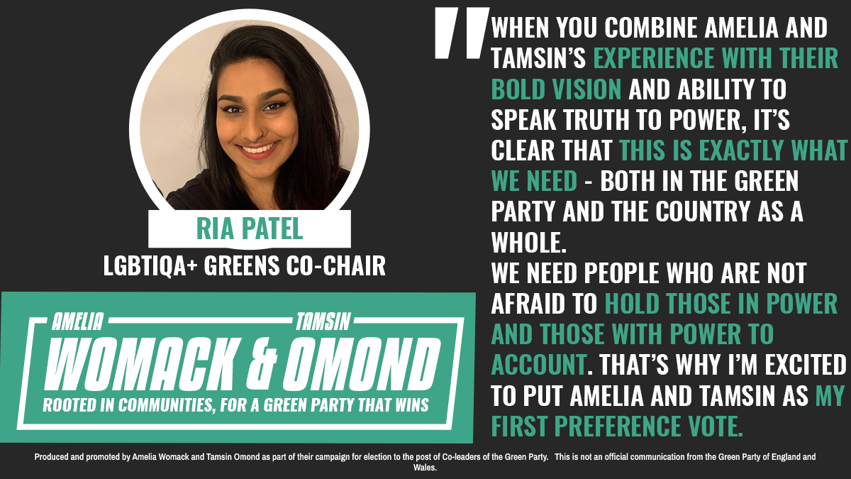 Image of Ria Patel co-chair of LGBTIQA+ Greens  Text in image.  When you combine Amelia and Tamsin’s experience with their bold vision and ability to speak truth to power, it’s clear that this is exactly what we need - both in the Green Party and th…