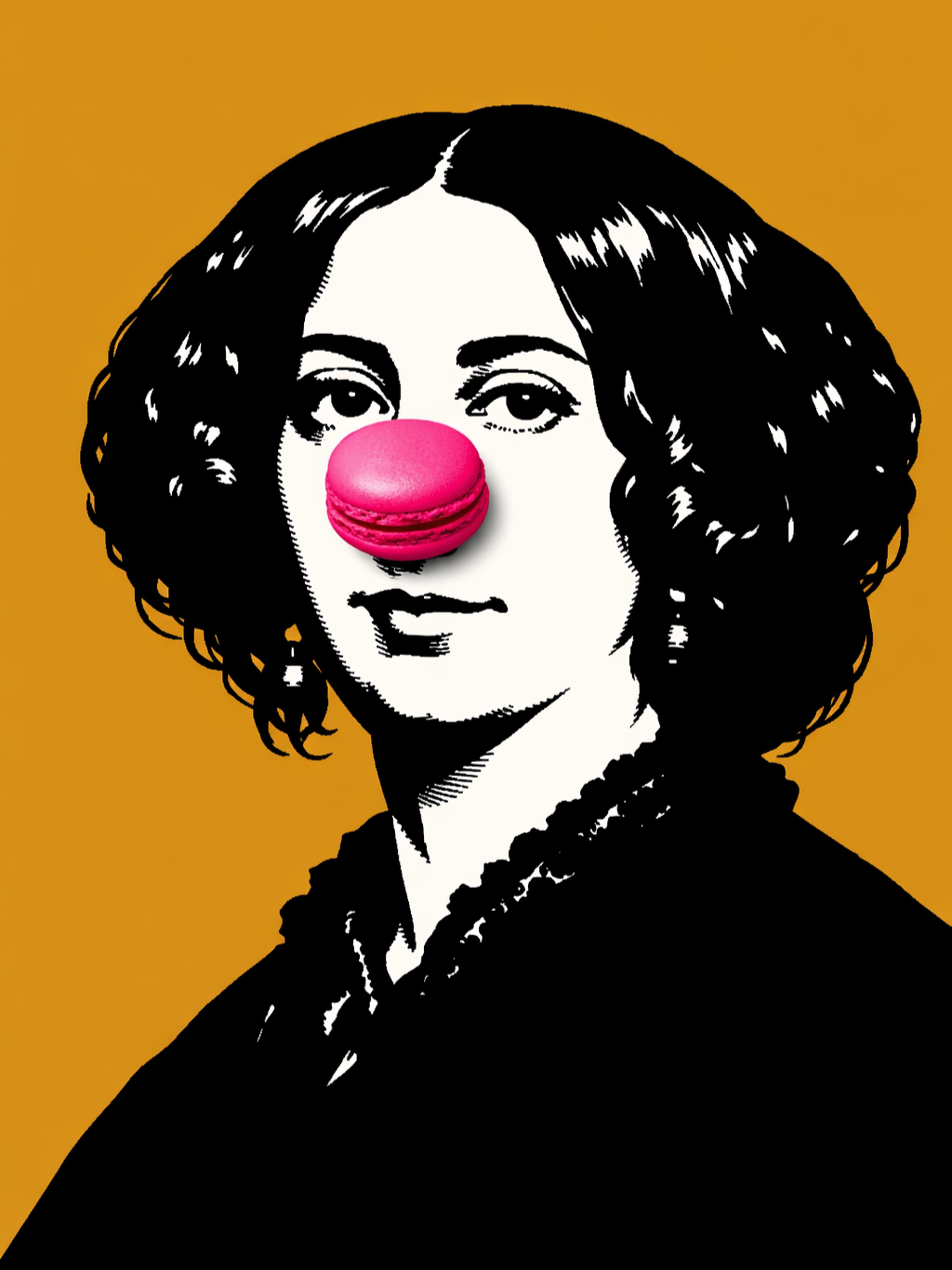 Pop-art digital portrait of George Sand with a pink French macaron on her nose, black and white vector style on gold background, French Book Club gift card.