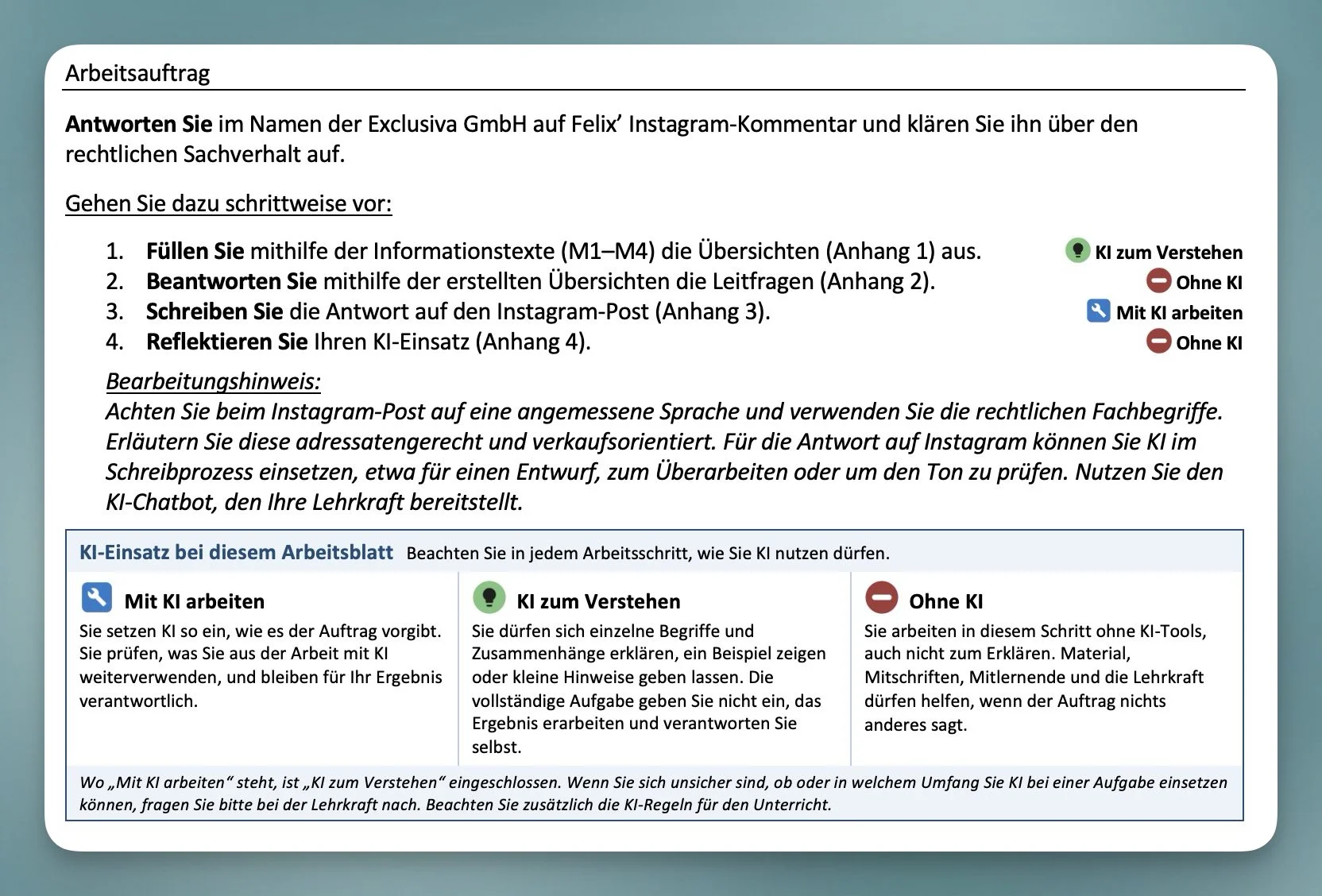 Arbeitsauftrag mit KI-Zeichen an jedem Arbeitsschritt und dem Kasten „KI-Einsatz bei diesem Arbeitsblatt“