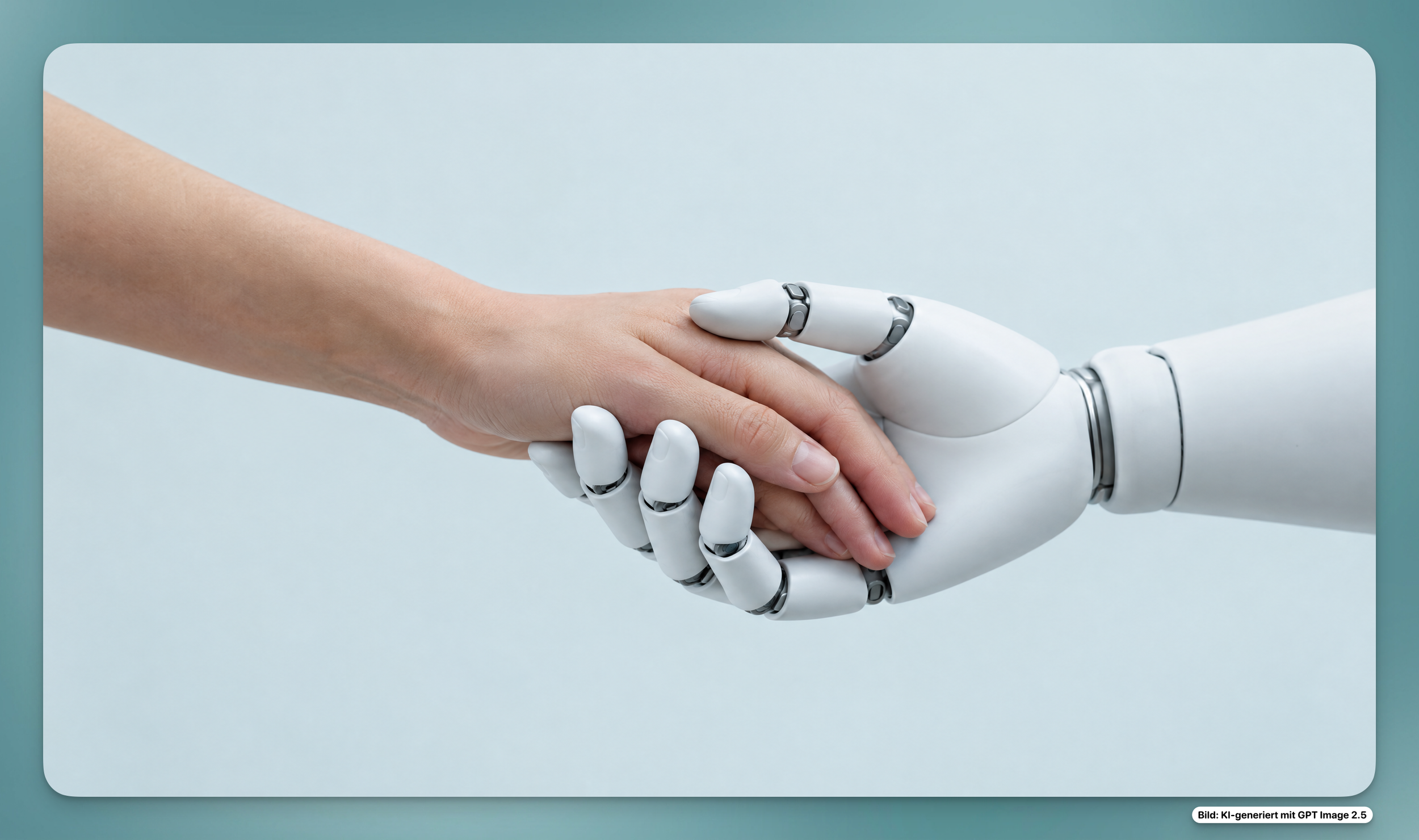 KI-generiertes Symbolbild: Eine menschliche Hand hält eine weiße Roboterhand, passend zur Podcast-Folge über KI-Chatbots als emotionales Gegenüber