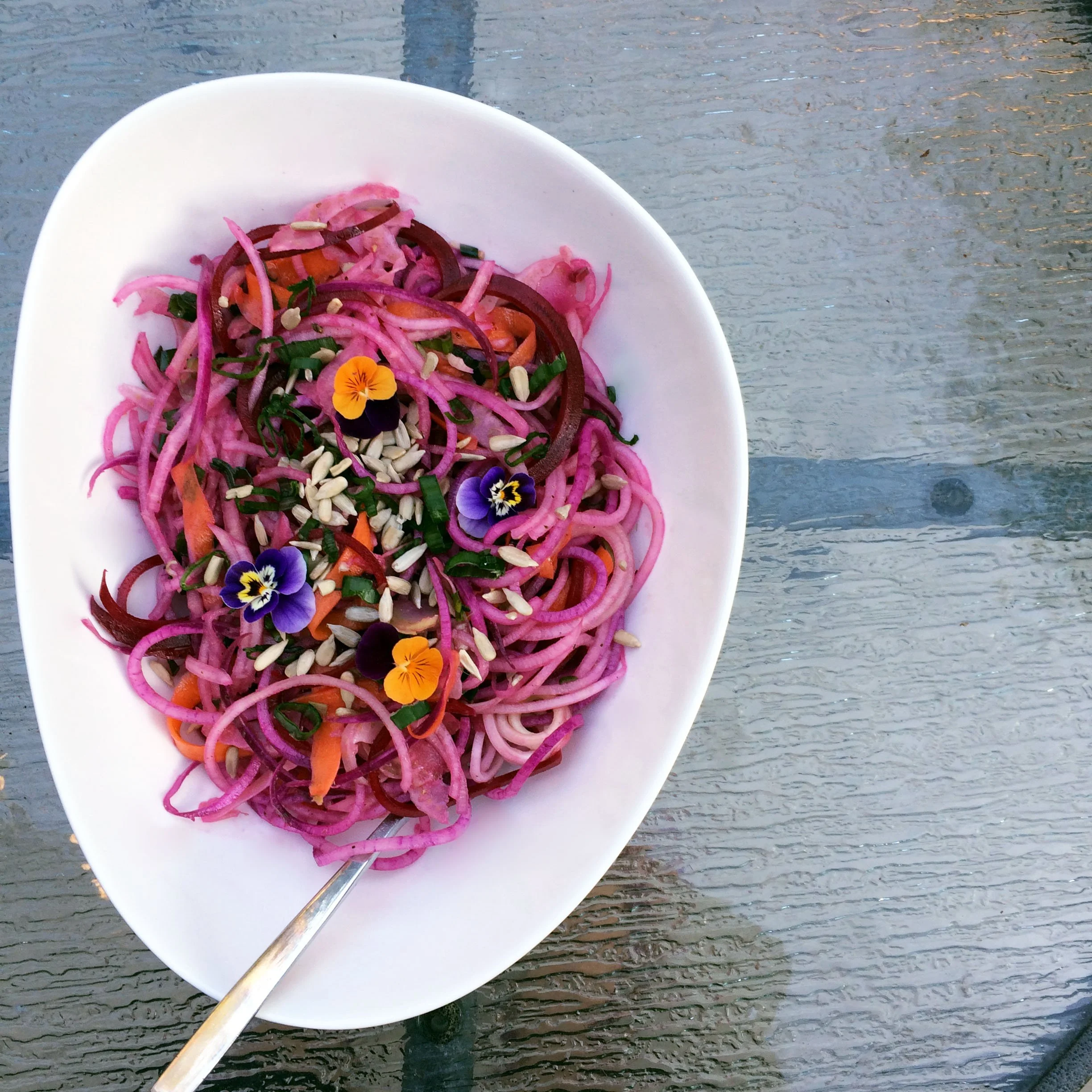 Spiralized raw beet and celeriac salad