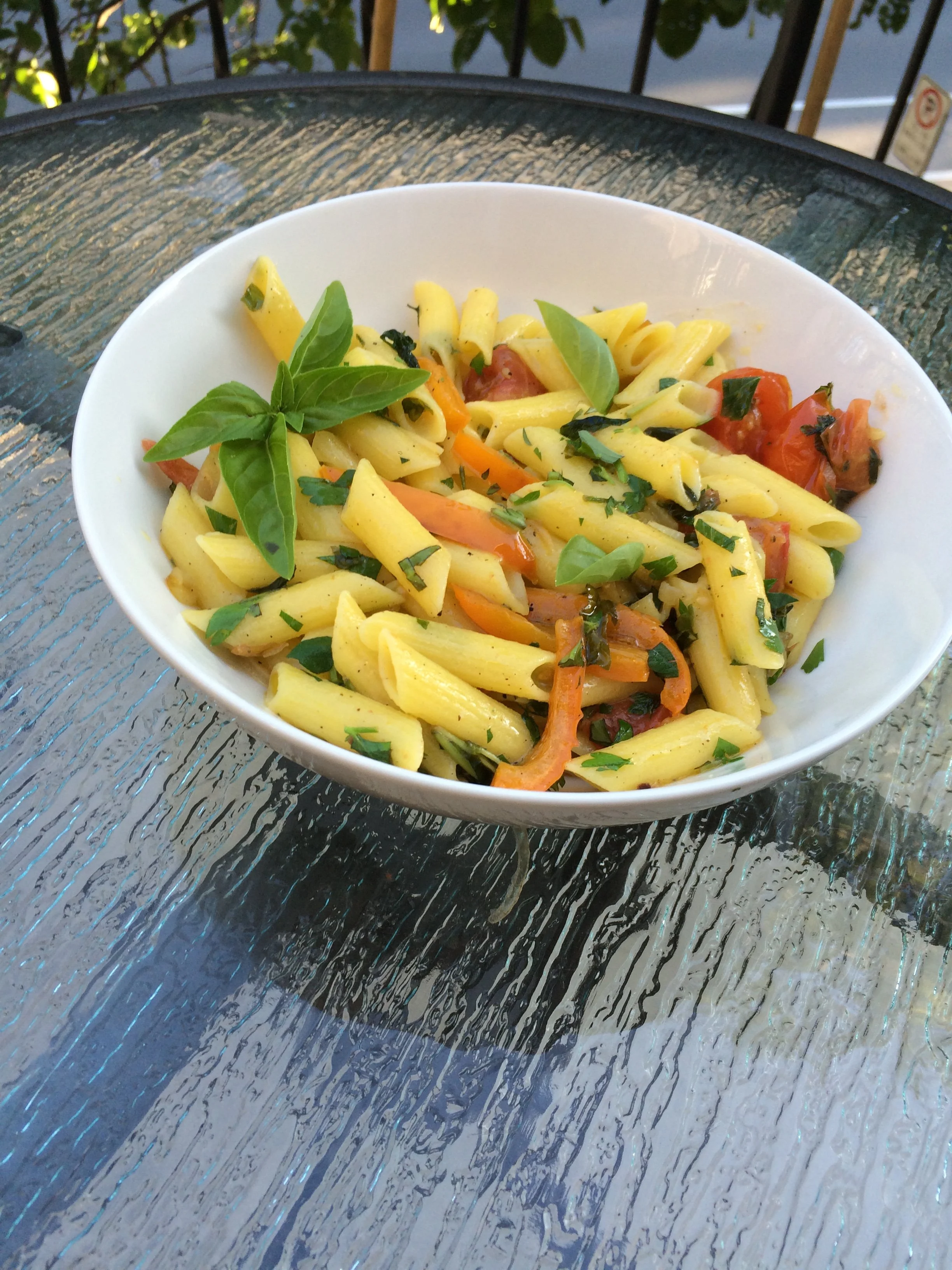 Pasta with roasted vegetables and fresh herbs