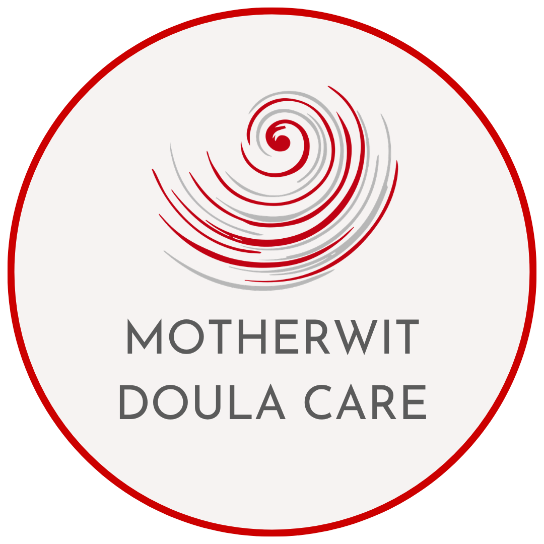 Logo for MOTHERWIT Doula Care, featuring a red spiral swirl at the top and black text on a white background with a red border.