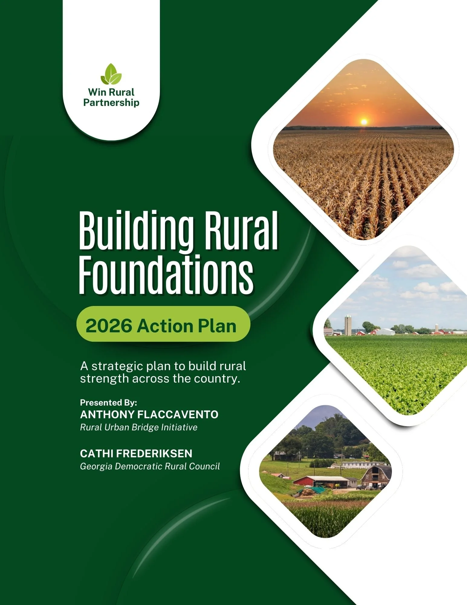 The cover page of the Building Rural Foundations 2026 Action Plan: A strategic plan to build rural strength across the country. Presented by Anthony Flaccavento, Rural Urban Bridge Initiative, and Cathi Frederiksen, Georgia Democratic Rural Council.