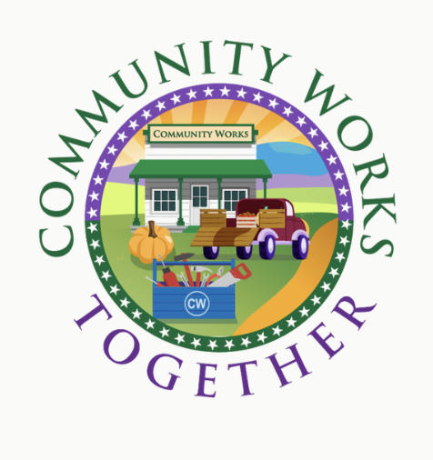 Colorful logo with a house, truck, and community supplies, surrounded by the text 'Community Works Together' and 'Community Works'.