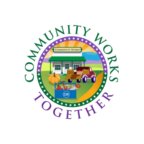 Community Works logo with a house, tractor, pumpkins, and garden tools inside a circular emblem.