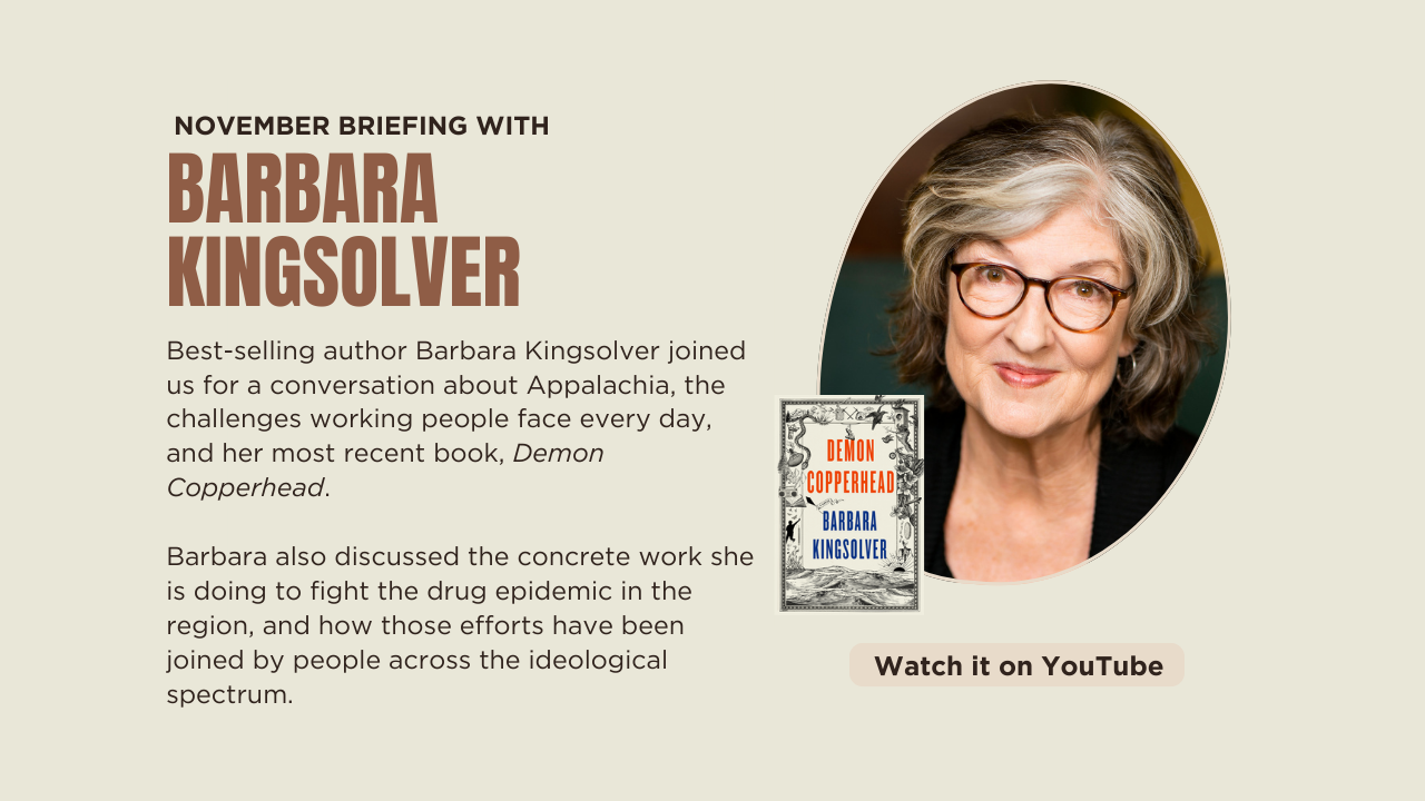 Event poster for a November briefing with Barbara Kingsolver, featuring a photo of Barbara Kingsolver, a book titled Demon Copperhead, and a button labeled 'Watch it on YouTube'.