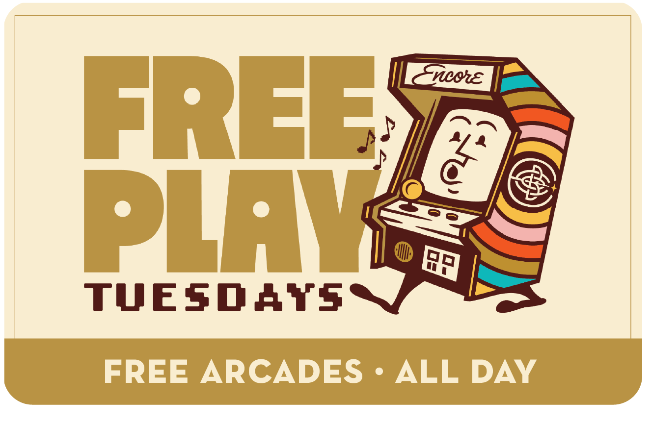 A promotional poster for a Tuesday event offering free arcades all day. The poster features a cartoon arcade machine with a face, singing or speaking, with musical notes around it. The text says "FREE PLAY TUESDAYS" and "FREE ARCADES - ALL DAY".