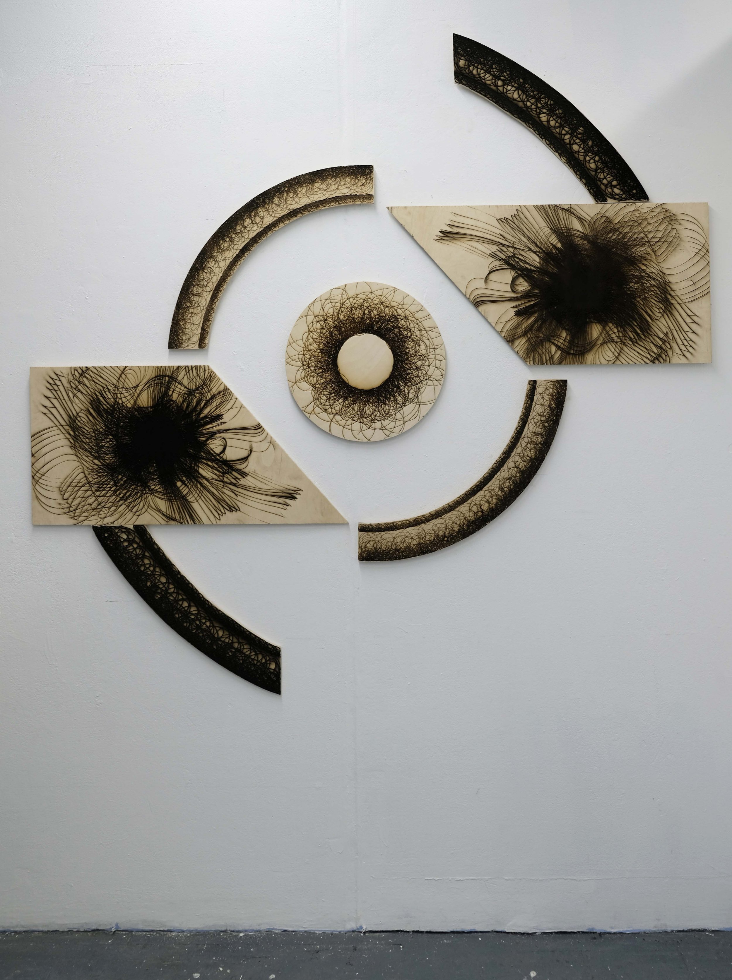 "A Cosmic Fixed Potential," Laser Cut Wood Panel Installation, 3.5 x 3 m, 2021