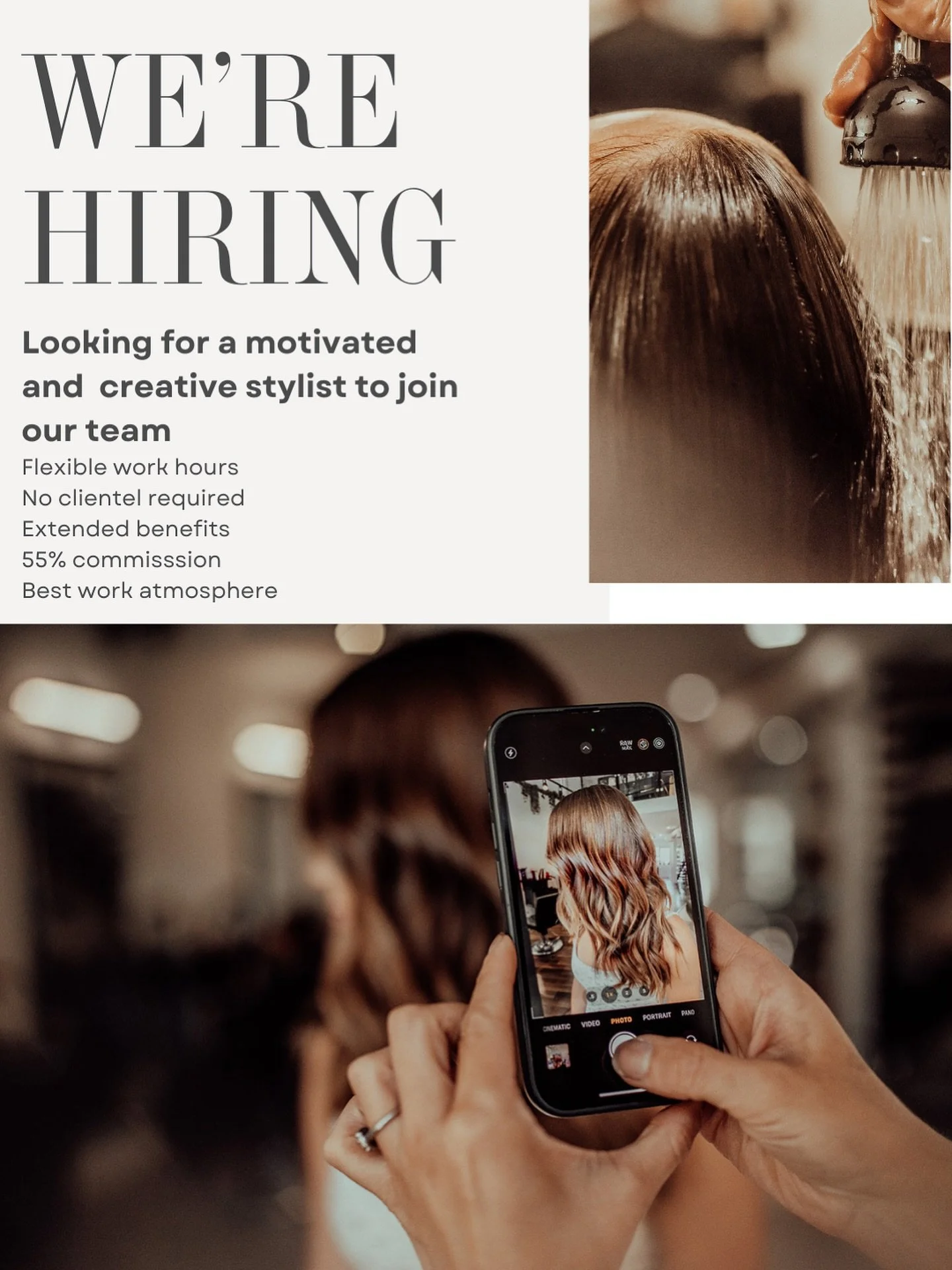 We are NOW HIRING! 🚨🚨
✨If you are creative, motivated and love making your clients feel their best, than we want to hear from YOU! ✨
We offer flexibility and the highest commission. We only use superior products and the best backbar⭐️ 

Dm us, drop