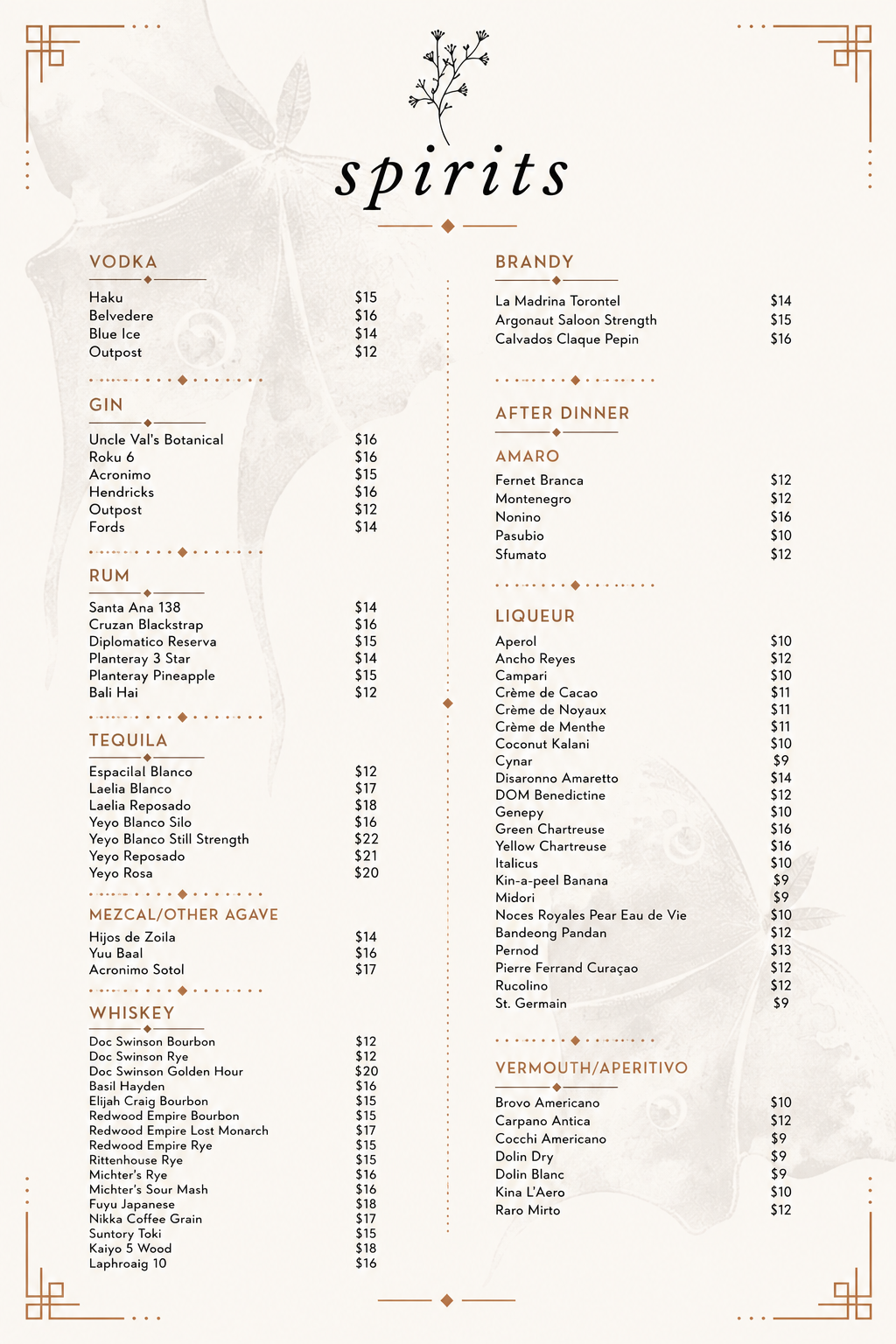 Piccalilli spirits menu