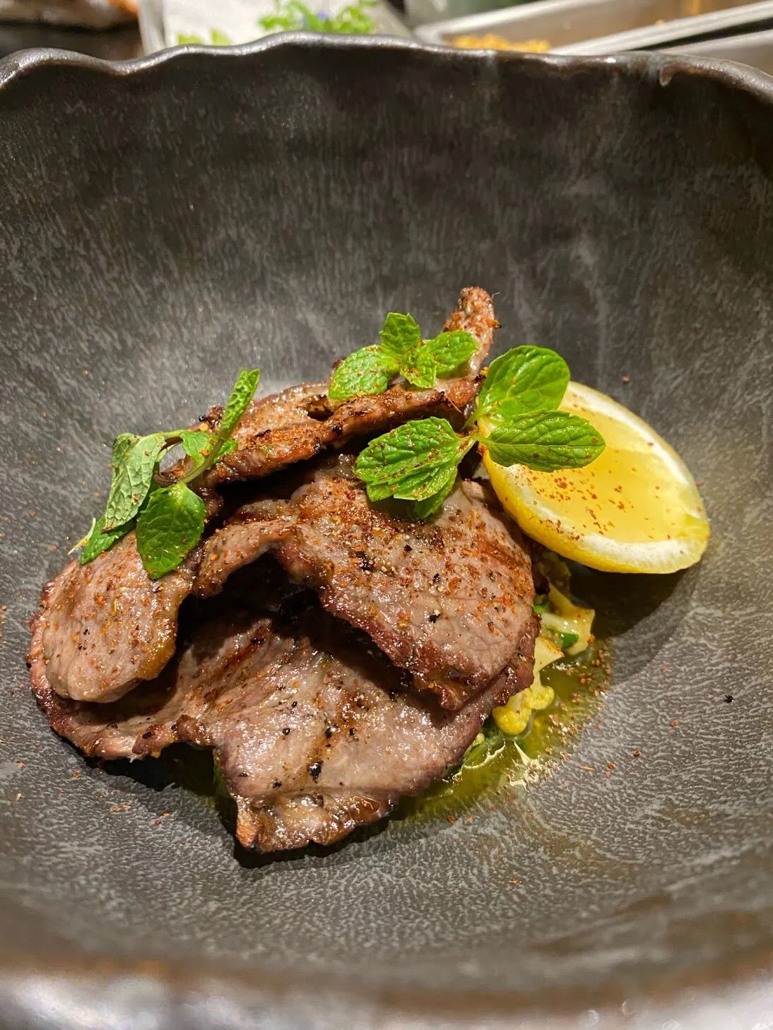 Dry Aged Rib Eye and Cauliflower Piccalilli, with Wasabi Oil.