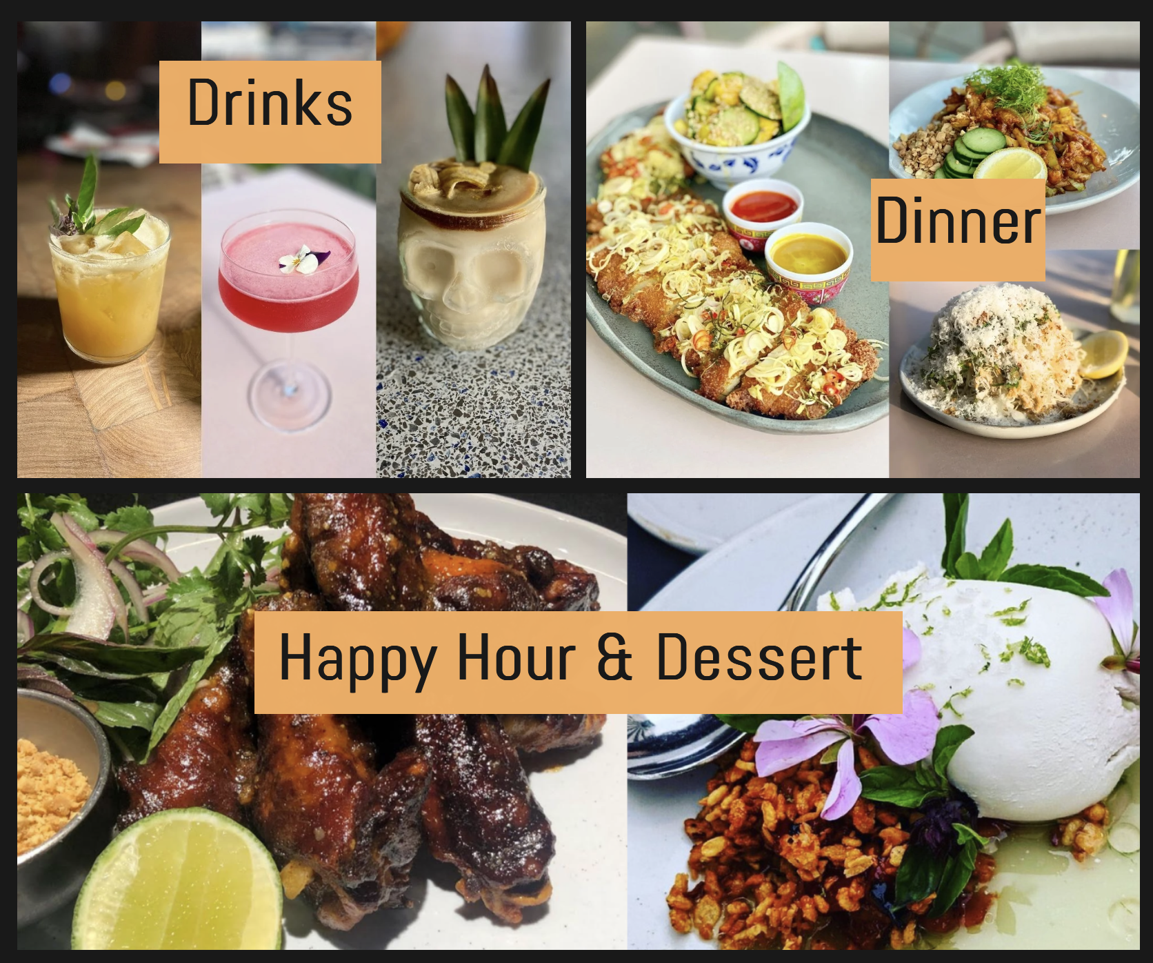 Collage of food and drink images labeled brunch, dinner, drinks, dessert, and happy hour.