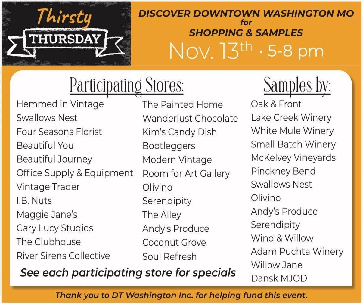 🍷Tomorrow is our last Thirsty Thursday of the year! Thanks to Lake Creek Winery for helping us these past several years, and keeping the tastings alive! Christina always shows up with a smile on her face and is always happy to chat with our customer