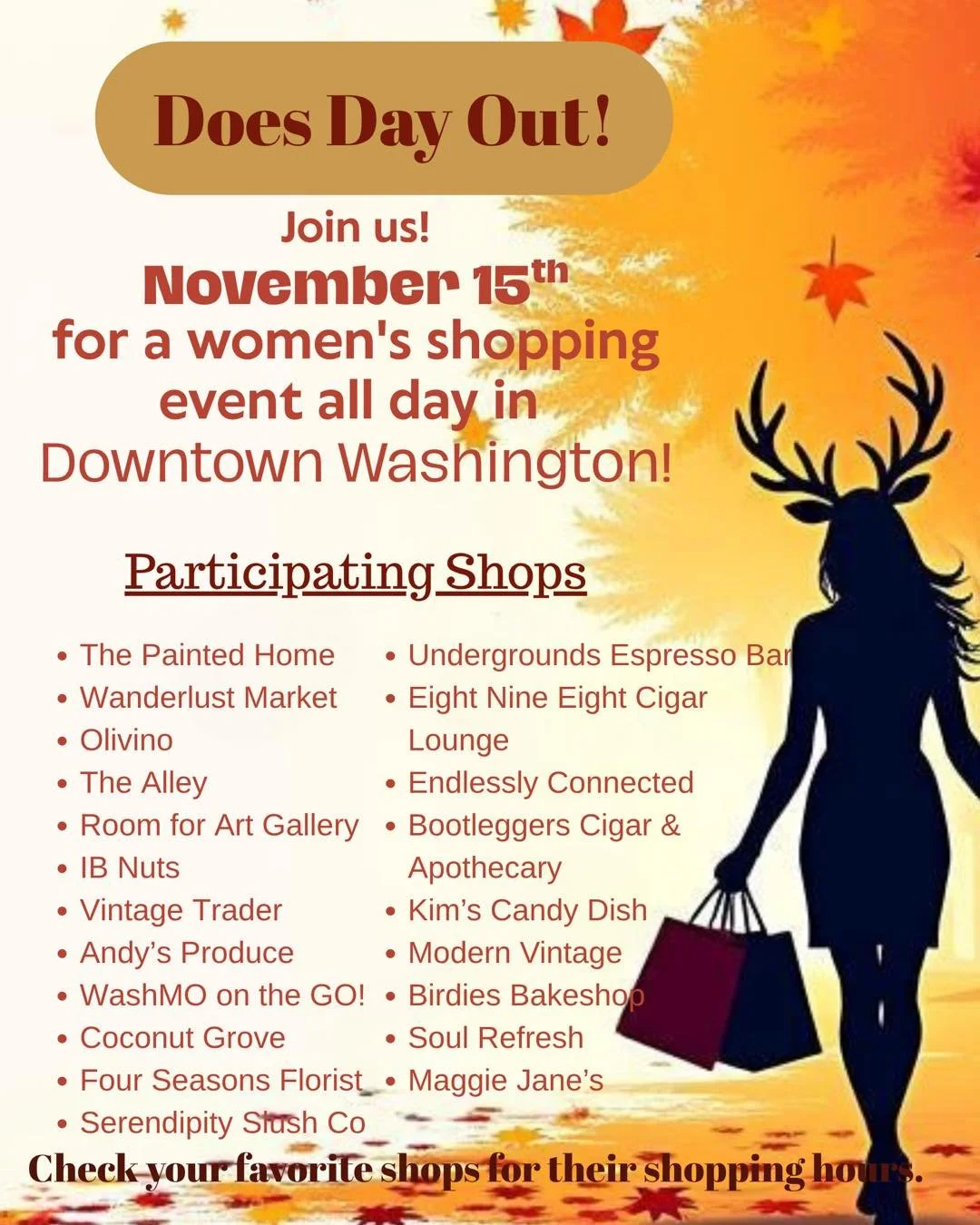 Does Day Out is tomorrow.  From 10-4pm for us here at The Painted Home. Visit these participating shops below to see their Specials or Sales. 

We will have:
Fall items 20% off
$5 off plush throws
Also, with every purchase, you will receive a free Ch