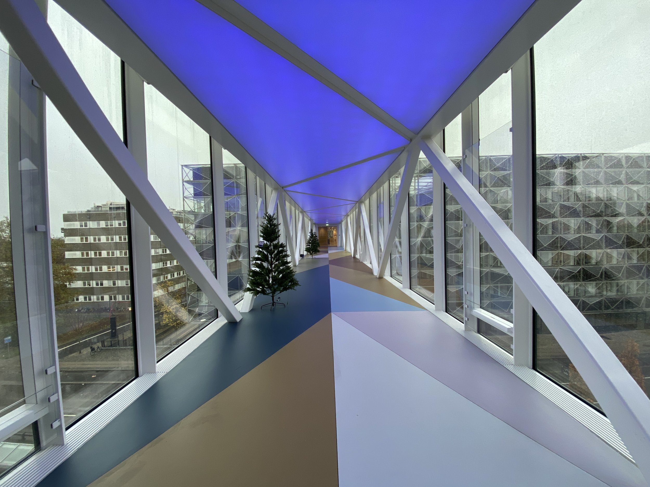 An enclosed corridor with large glass windows on both sides, at the Niels Bohr Institute.  By Ligia Bouton.