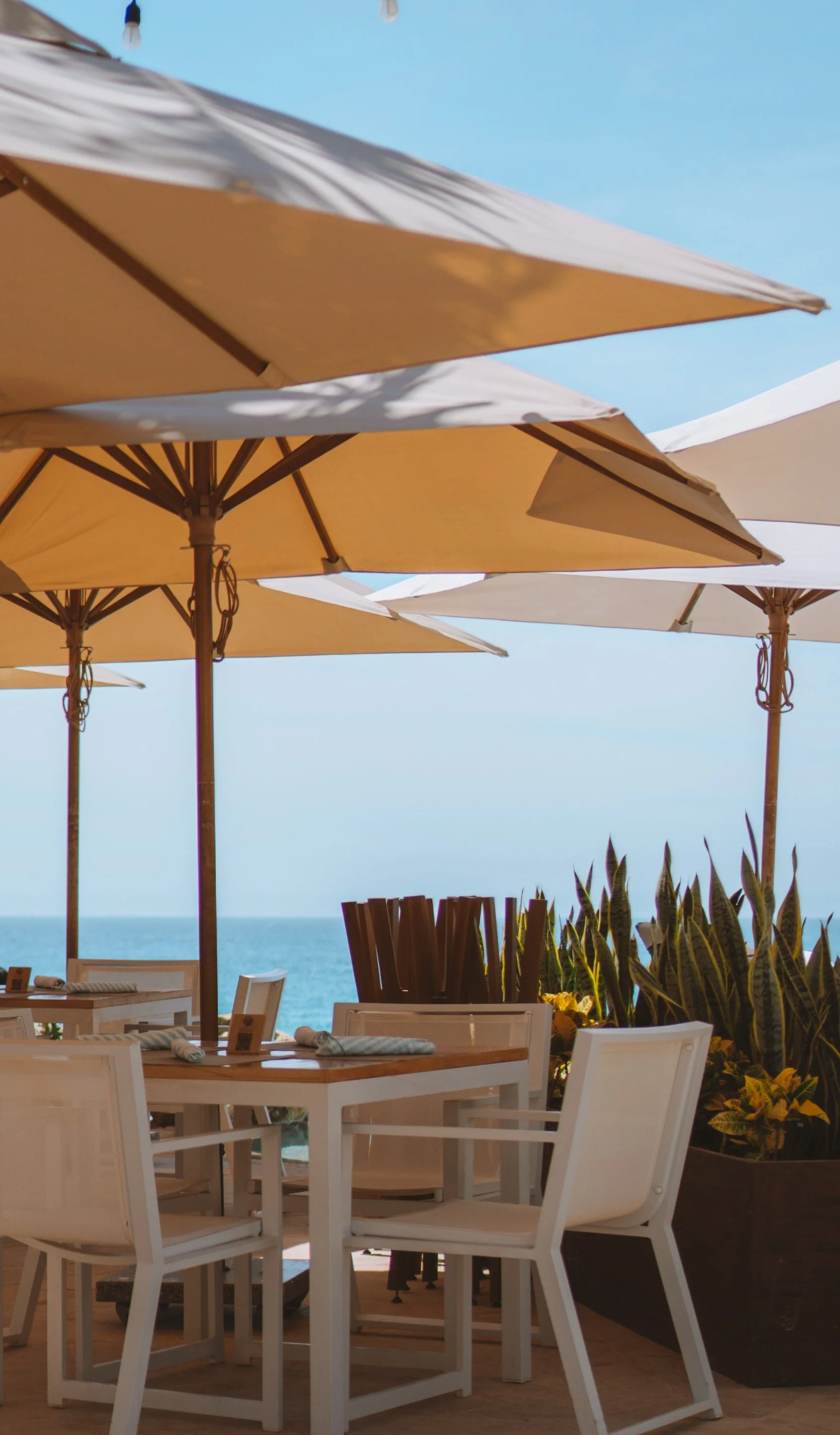 Outdoor restaurant seating area with white tables and chairs, large beige patio umbrellas, view of the ocean and blue sky in the background.