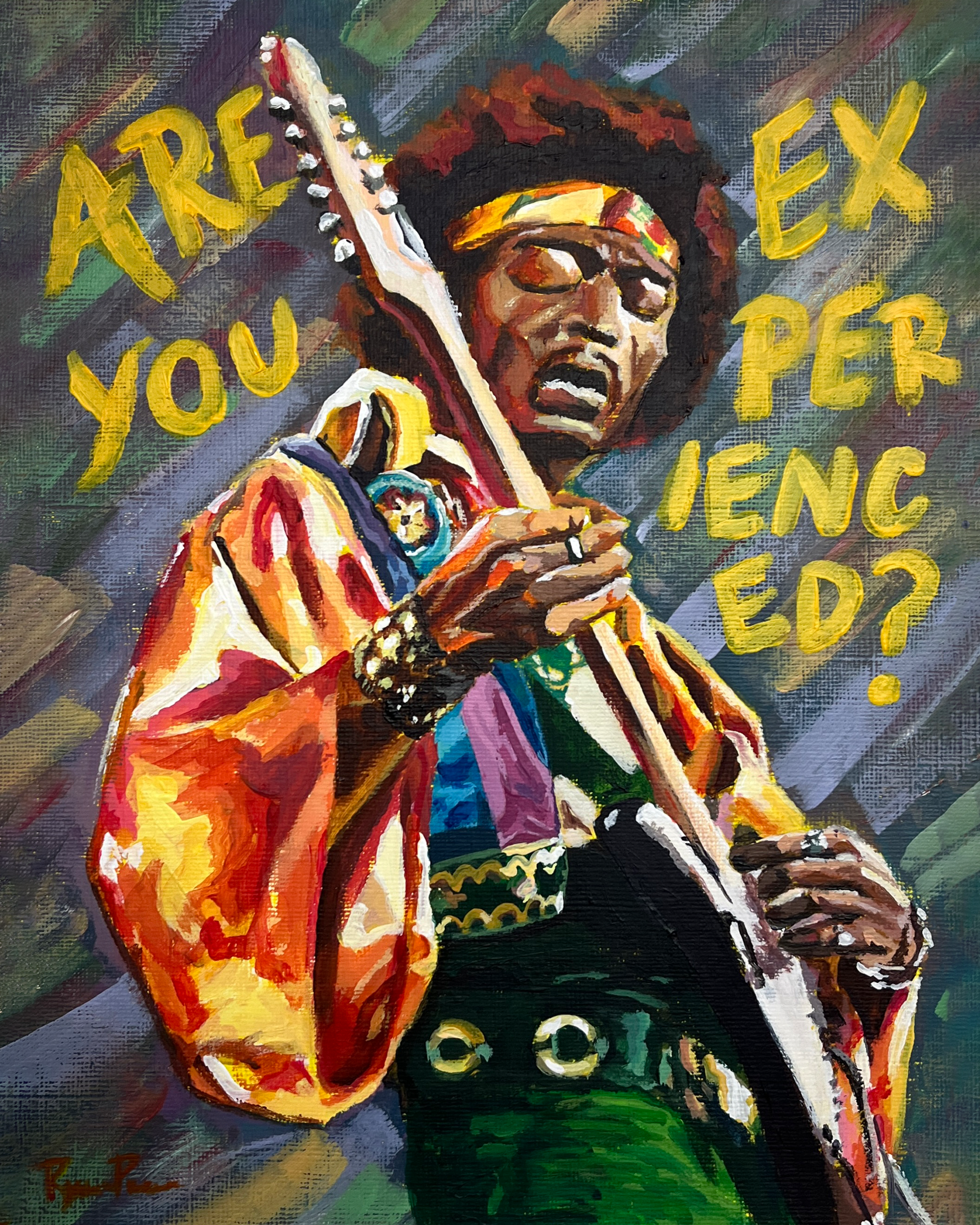 Jimi Hendrix. Acylic on canvas paper, 8x10", 2024.