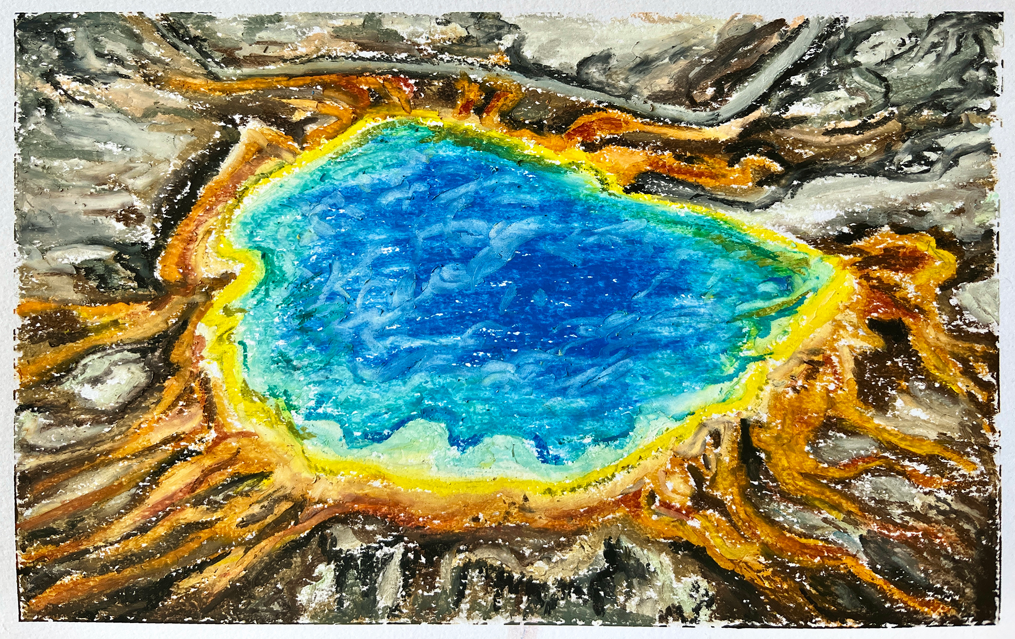 Grand Prismatic Spring. Oil Pastel on Paper, 8.5" x 5.5", 2022.