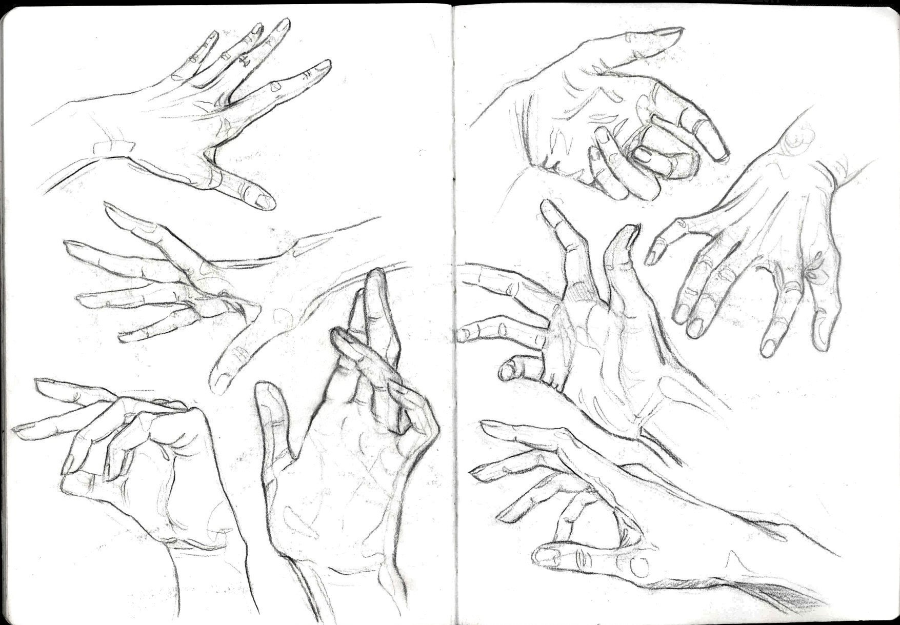 Sketch of multiple hands in various positions and gestures, drawn with fine lines on a sketchpad.