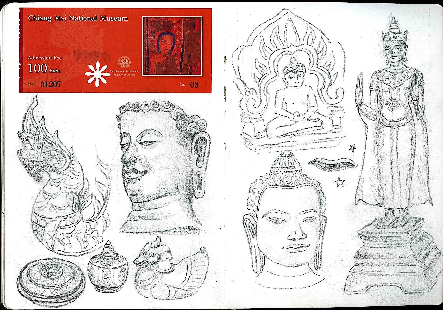 Collection of sketches featuring Buddhist and Thai cultural figures, including Buddha statues, a guardian lion, traditional artifacts, and a peaceful monk figure, with a ticket stub from Chiang Mai National Museum.